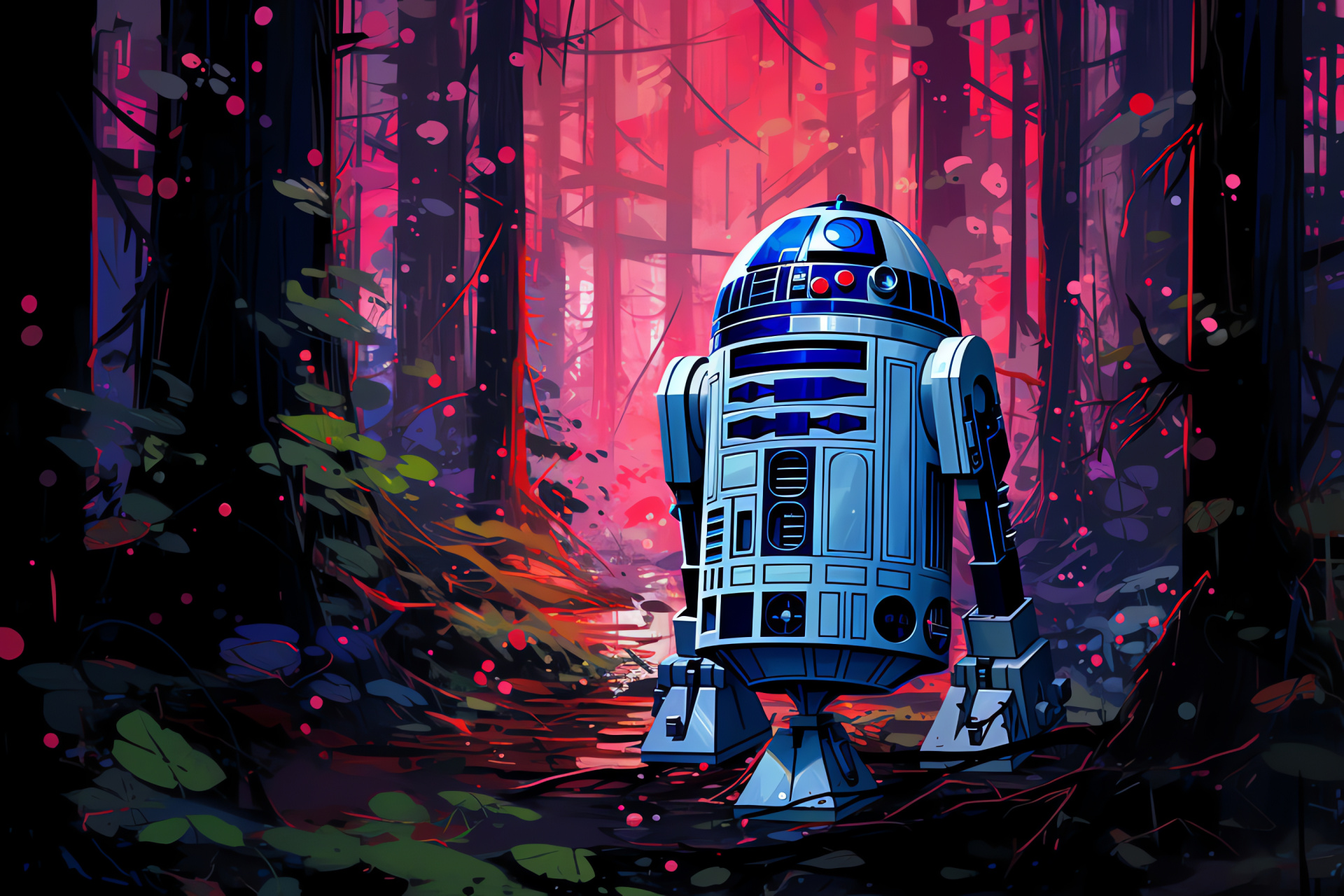 R2-D2 in chaos, Star Wars automaton, forest environment, fallen foliage, war-torn terrain, HD Desktop Image