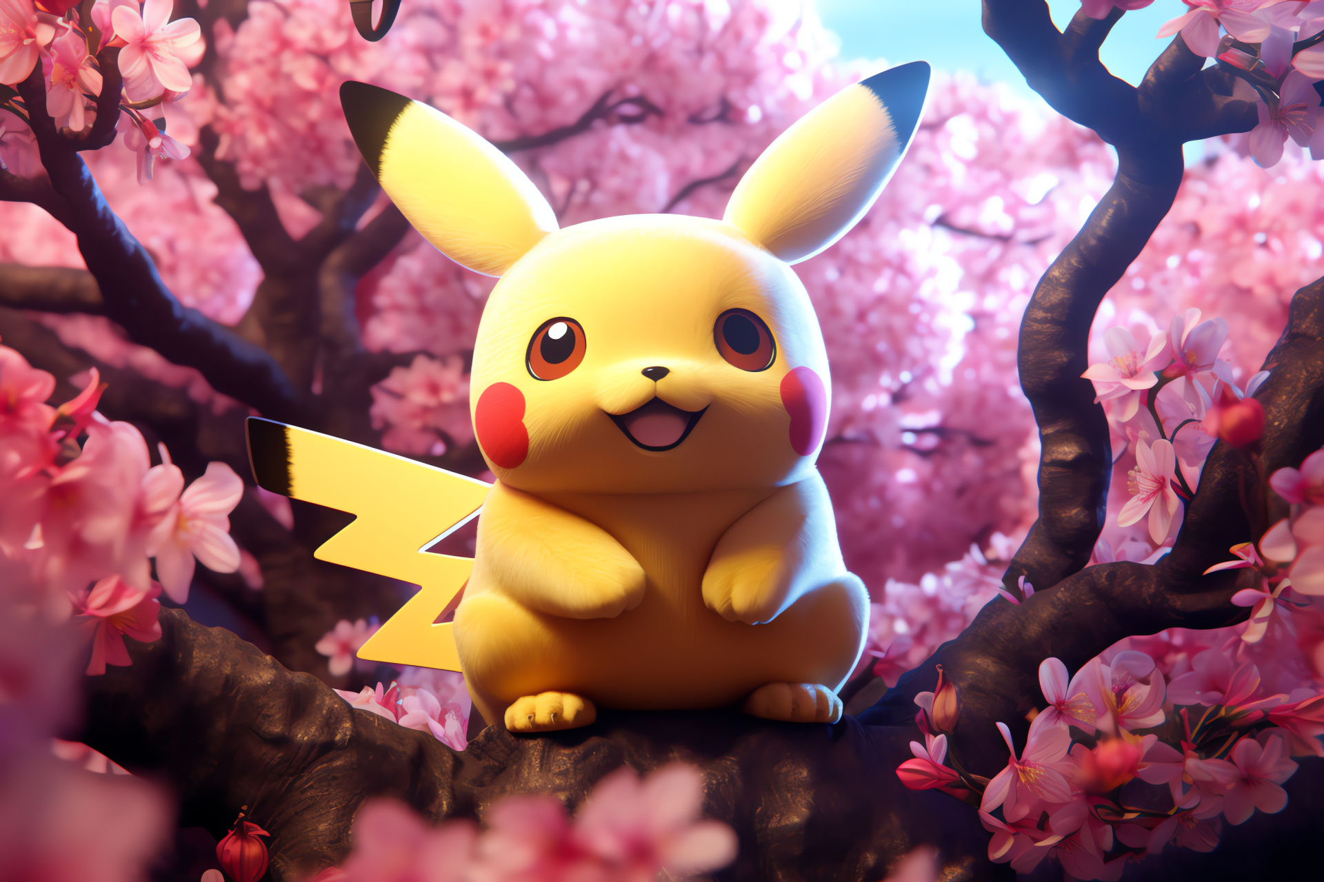 Pikachu, Sakura blossoms, Floral park, Petals in bloom, Spring panorama, HD Desktop Wallpaper