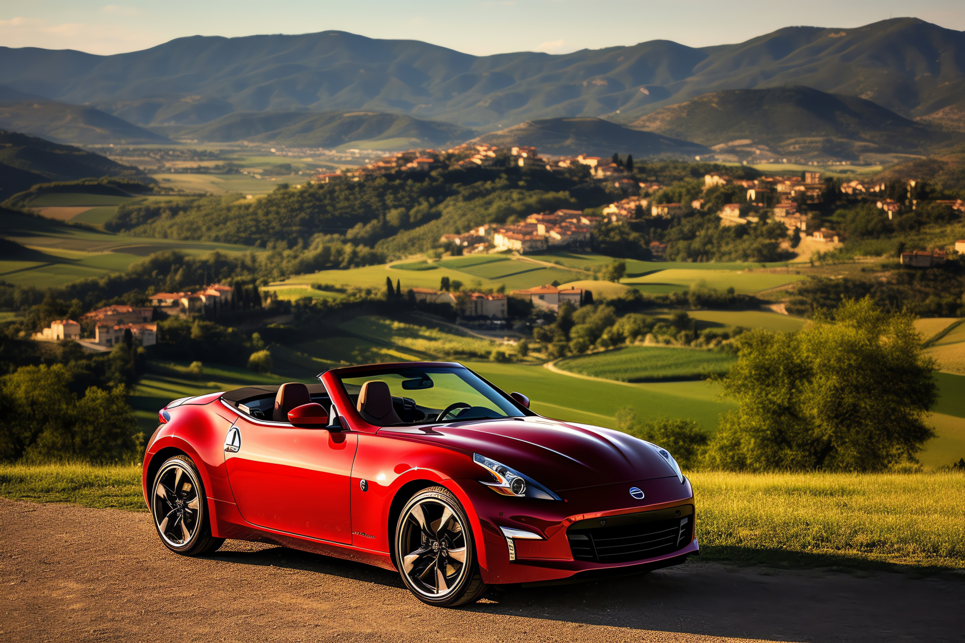 Nismo 370Z Roadster, Italian scenic roads, Red convertible model, Countryside touristic road, Open-top vehicle, HD Desktop Image