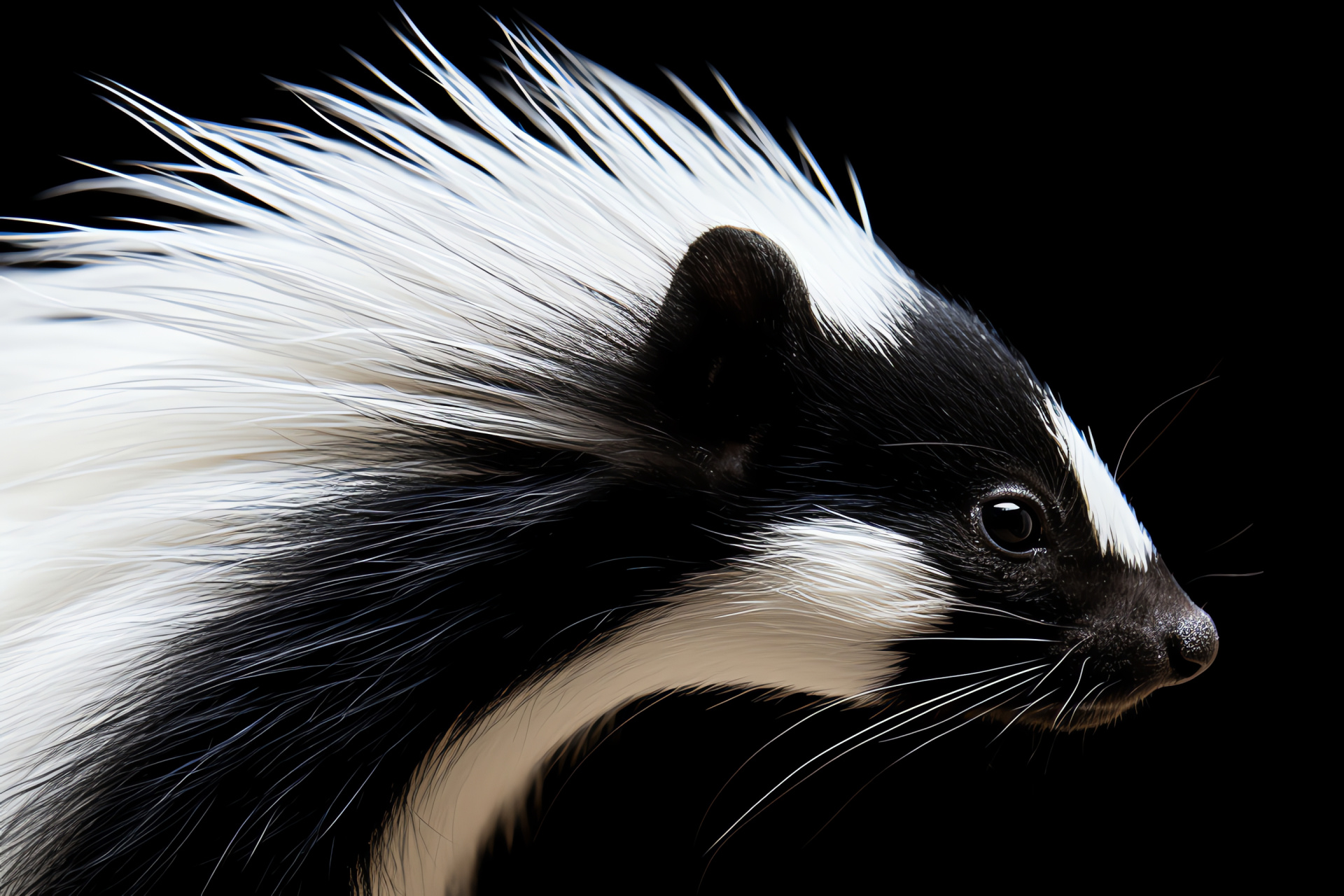 Skunk with sleek black fur, Wildlife close-up encounter, White patterned skunk, Solid backdrop wild animal, Black-white fur skunk, HD Desktop Image