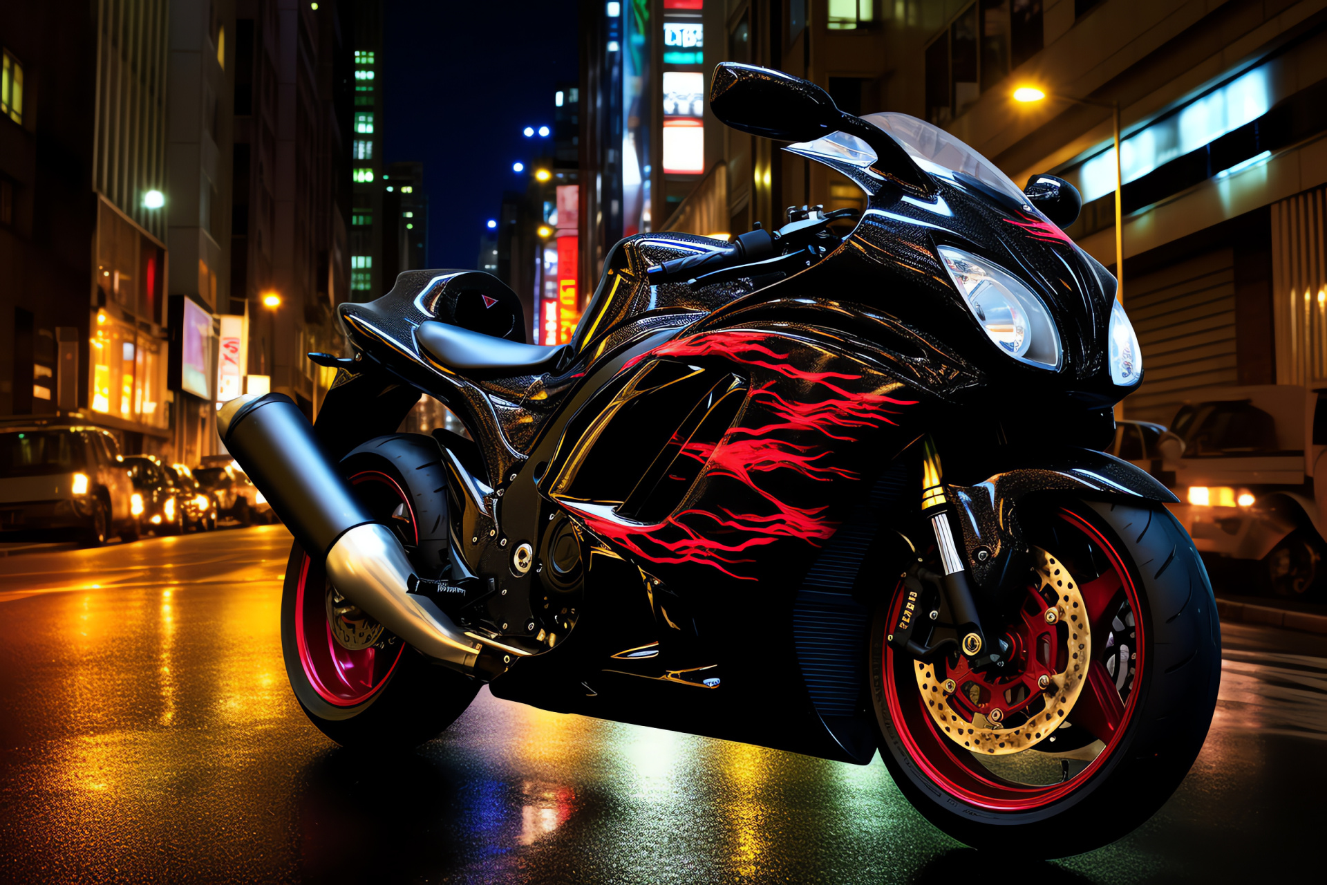 Suzuki Hayabusa, Tokyo streetscape, Night city buzz, High-speed design, Jet-inspired motorcycle, HD Desktop Image