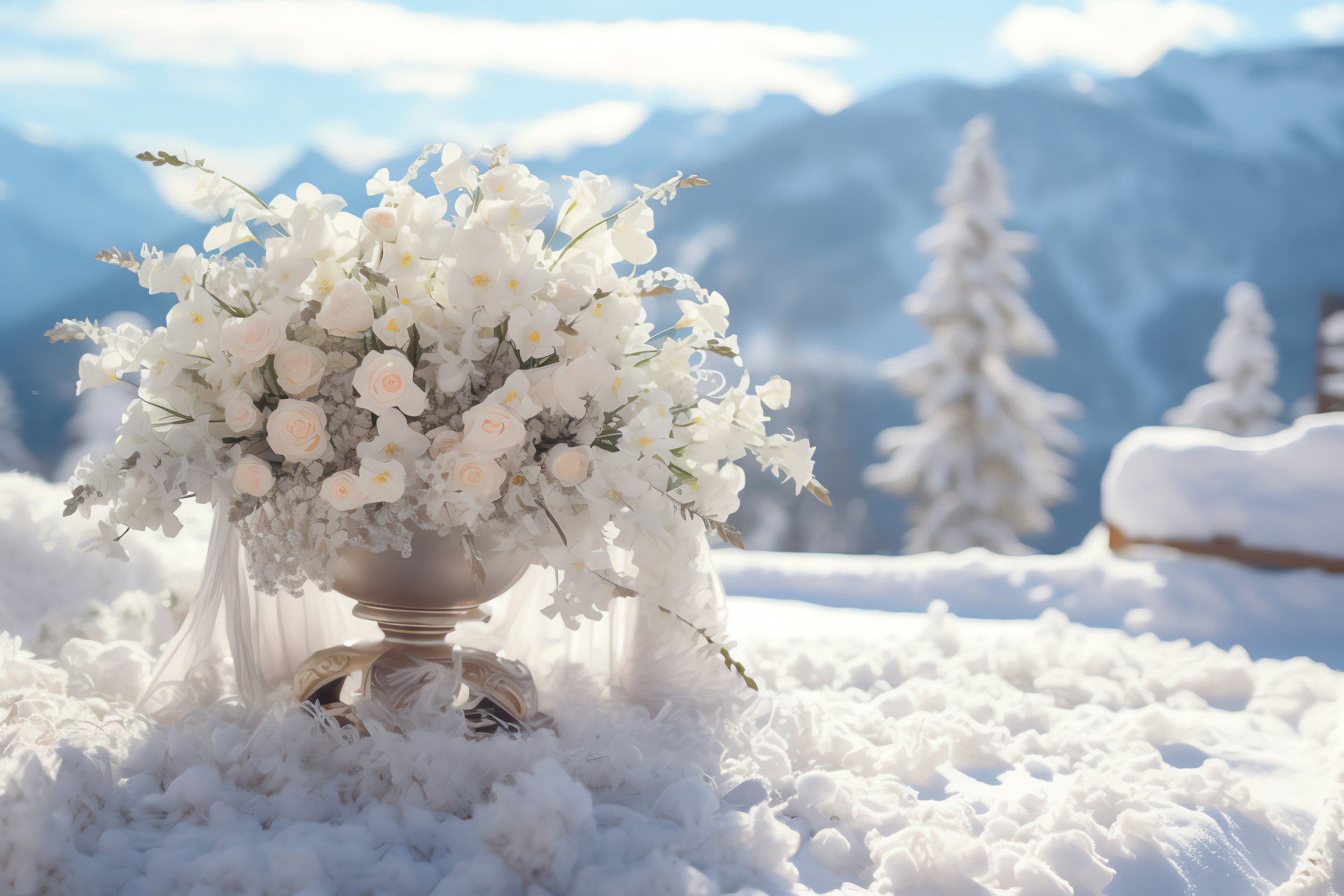 Winter wedding blooms, Cold-weather nuptials, White landscape, Pristine floral arrangements, Frosted scenery, HD Desktop Wallpaper