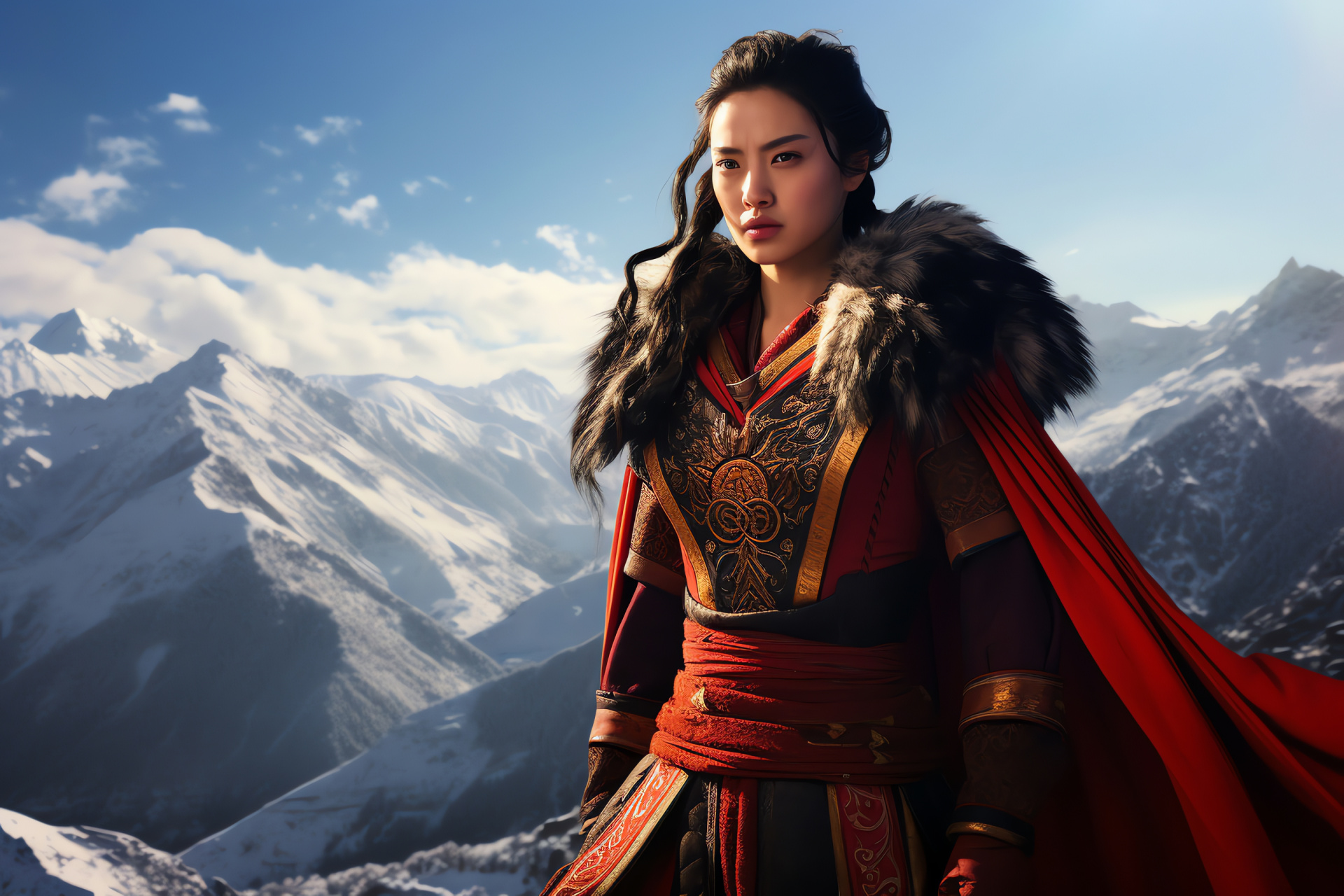 Animated warrior Mulan, Winter mountain scene, Historical red attire, Gold accents, Imperial Chinese setting, HD Desktop Wallpaper