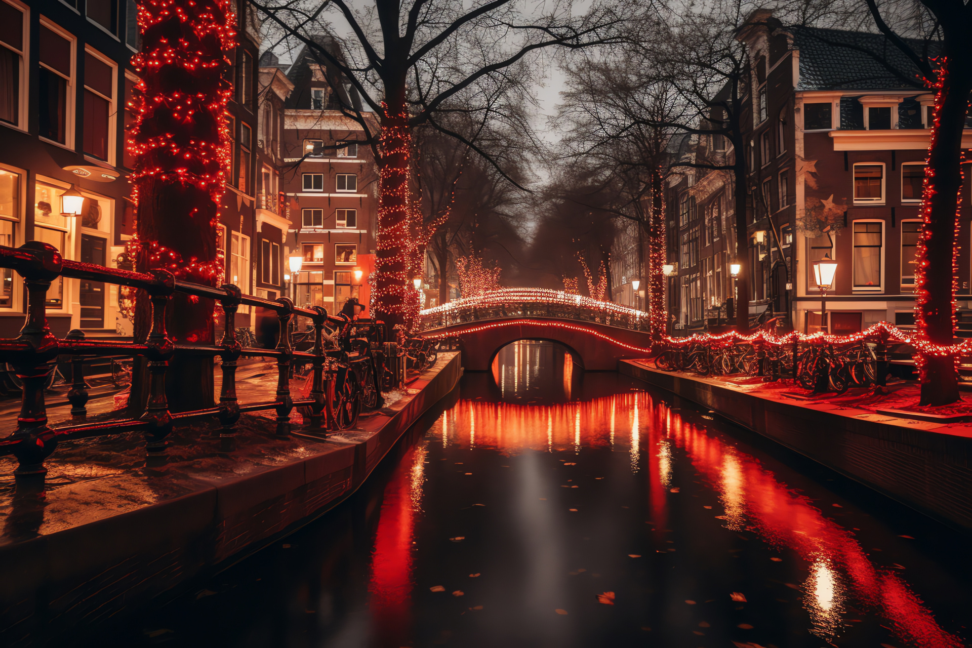 Amsterdam holiday glow, Canal reflections, Floating luminance, Cosy Dutch cafes, Vibrant night, HD Desktop Wallpaper