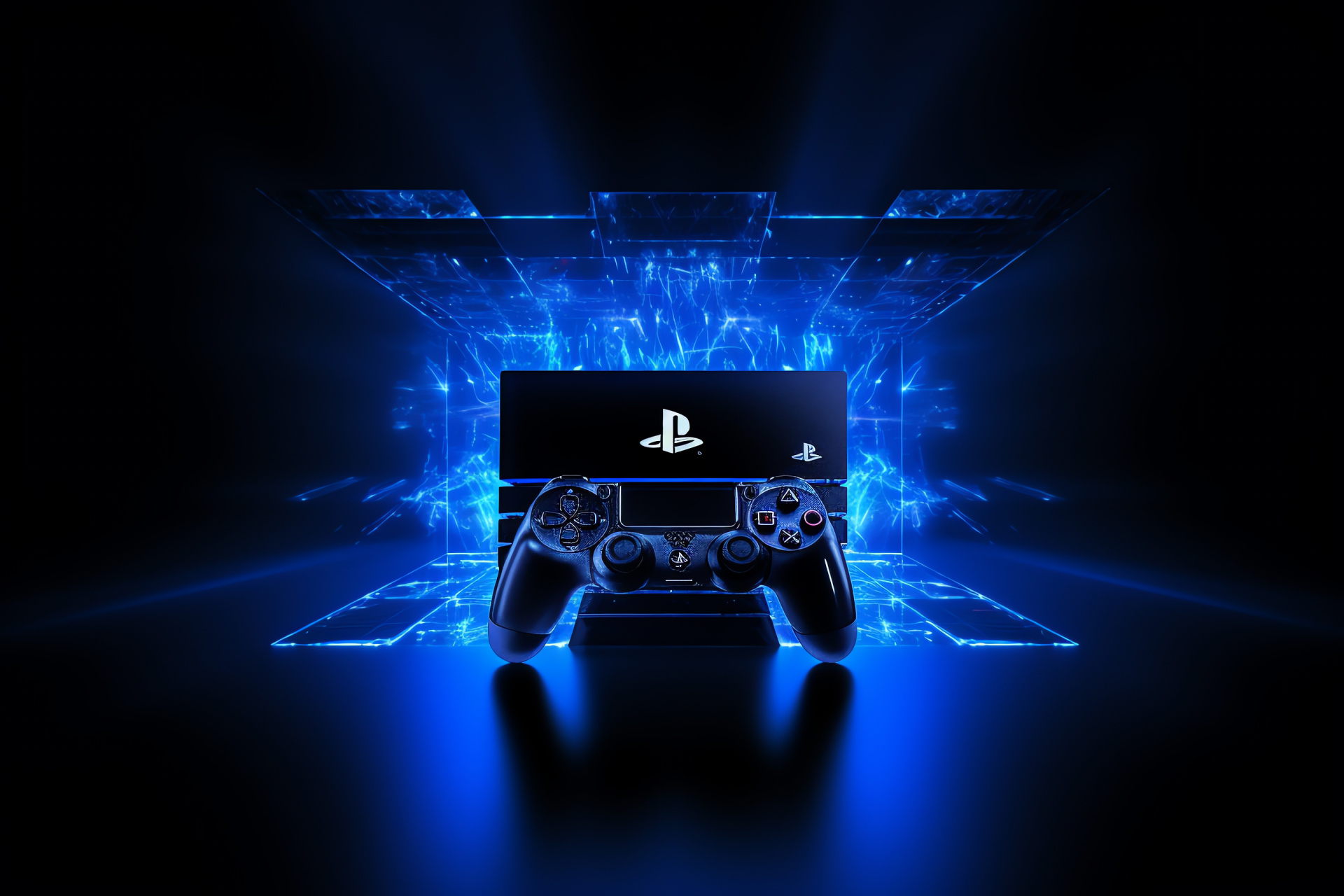 PS4 logo, Stark black contrast, Vibrant red brand mark, Green graphical glitch, Energetic gaming emblem design, HD Desktop Wallpaper