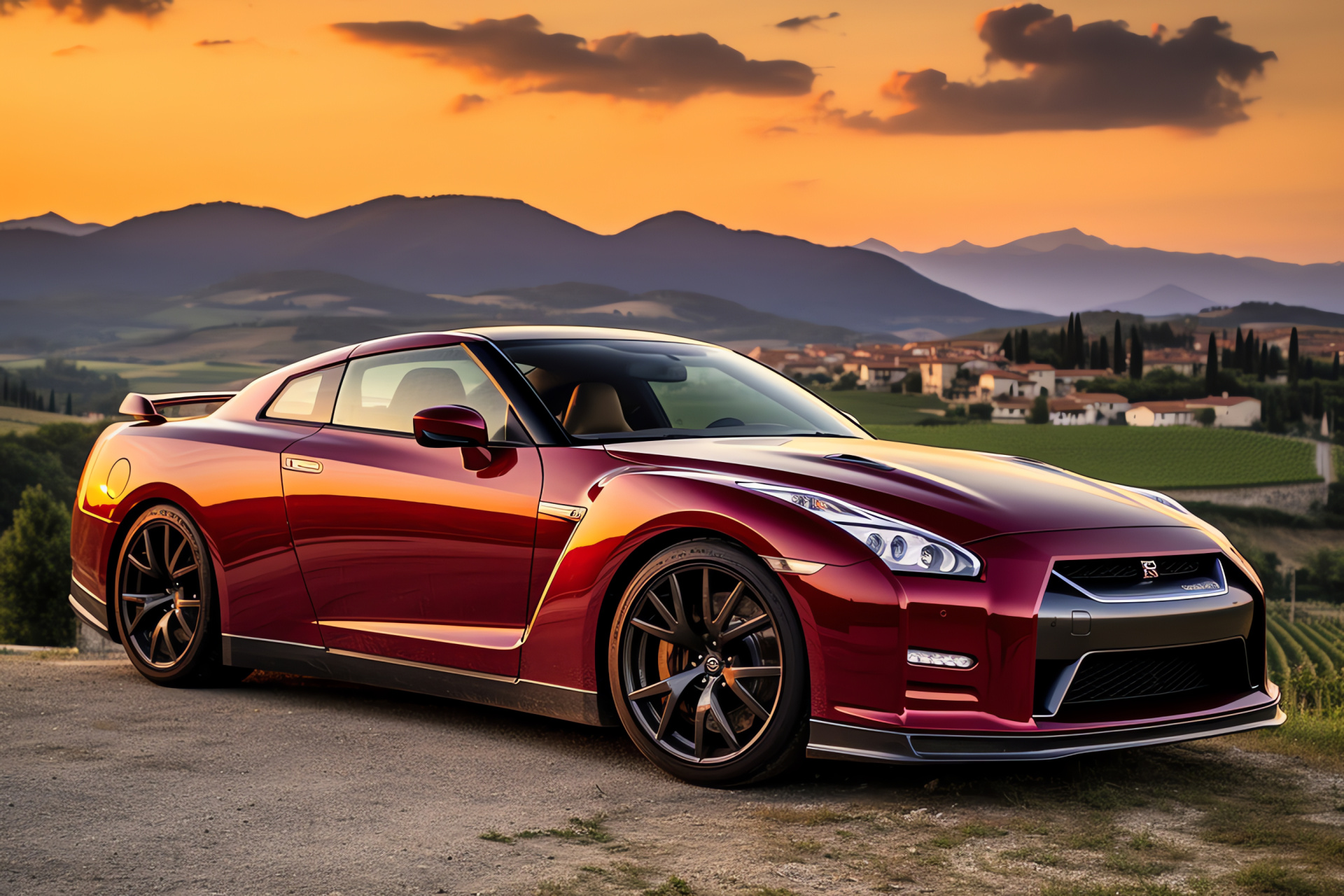 Nissan GTR HD convertible, Tuscany red sports car, Scenic drives enjoyment, Italian countryside, Roadster model, HD Desktop Wallpaper