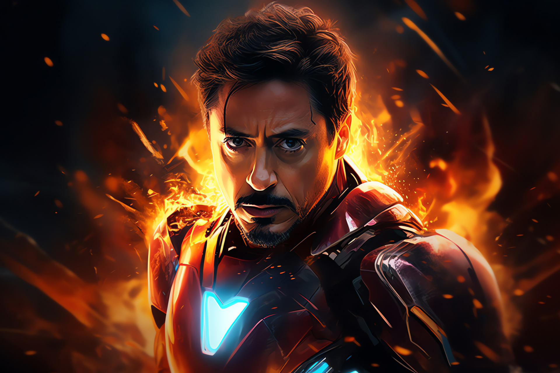 Tony Stark close-up, High-tech glove, Repulsor technology, Dynamic pose, Marvel Cinematic Universe, HD Desktop Image