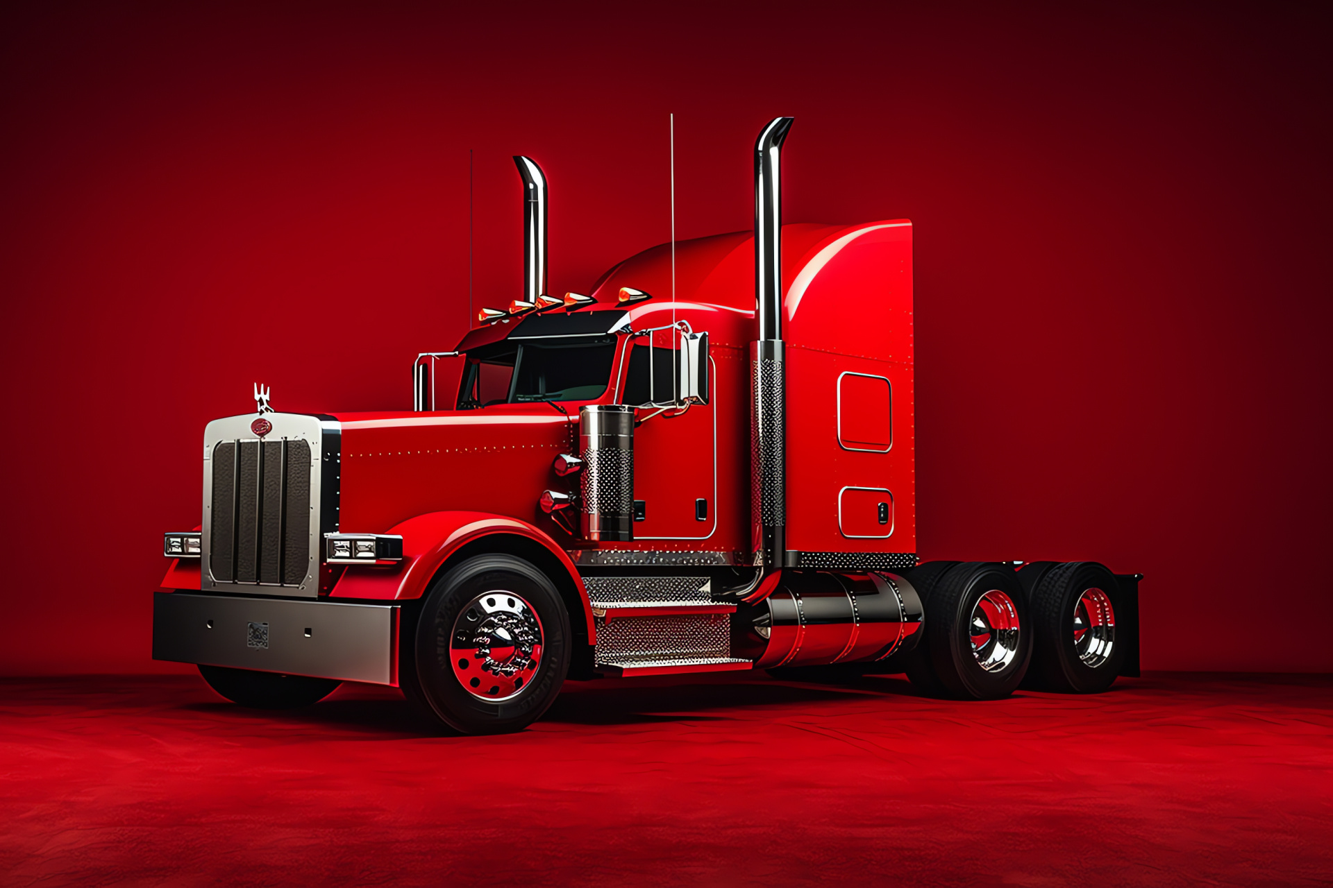 Kenworth W900 Semi Truck, Side profile photo, Red and black contrast, Clean backdrop, Trucking power, HD Desktop Image