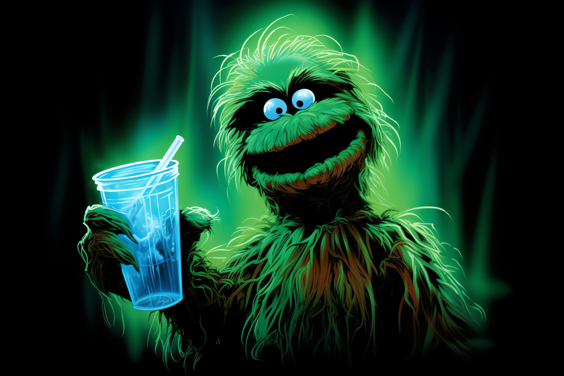 Muppet character, Oscar's signature coat, Glowing graphic elements, Gleeful troublemaker, Neon spectacle, HD Desktop Wallpaper