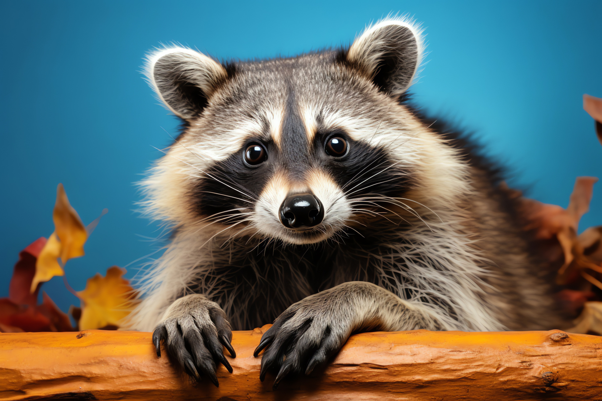 Raccoon, tranquil pose, contrasting shades, fluffy appearance, varicolored setting, HD Desktop Image