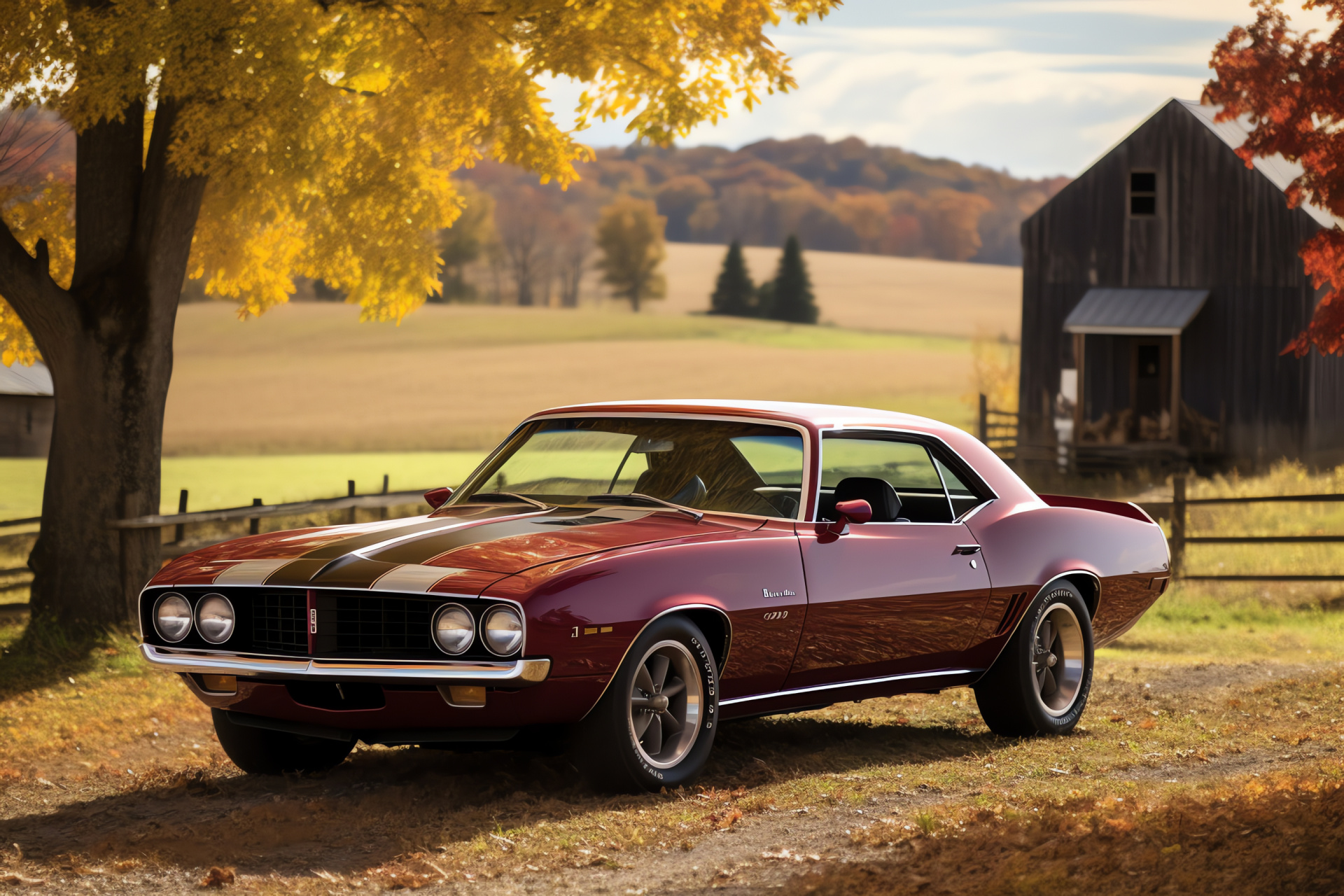 Firebird Esprit, Rustic drive, American classic, Seasonal landscape, Elegance in motion, HD Desktop Wallpaper