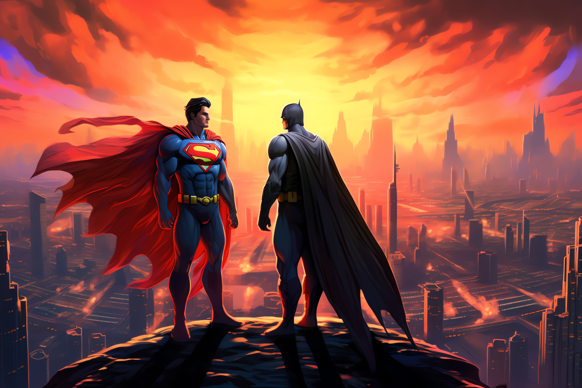 Superman comic, Batman hero, urban landscape, superhero drapes, metropolitan breeze, HD Desktop Image