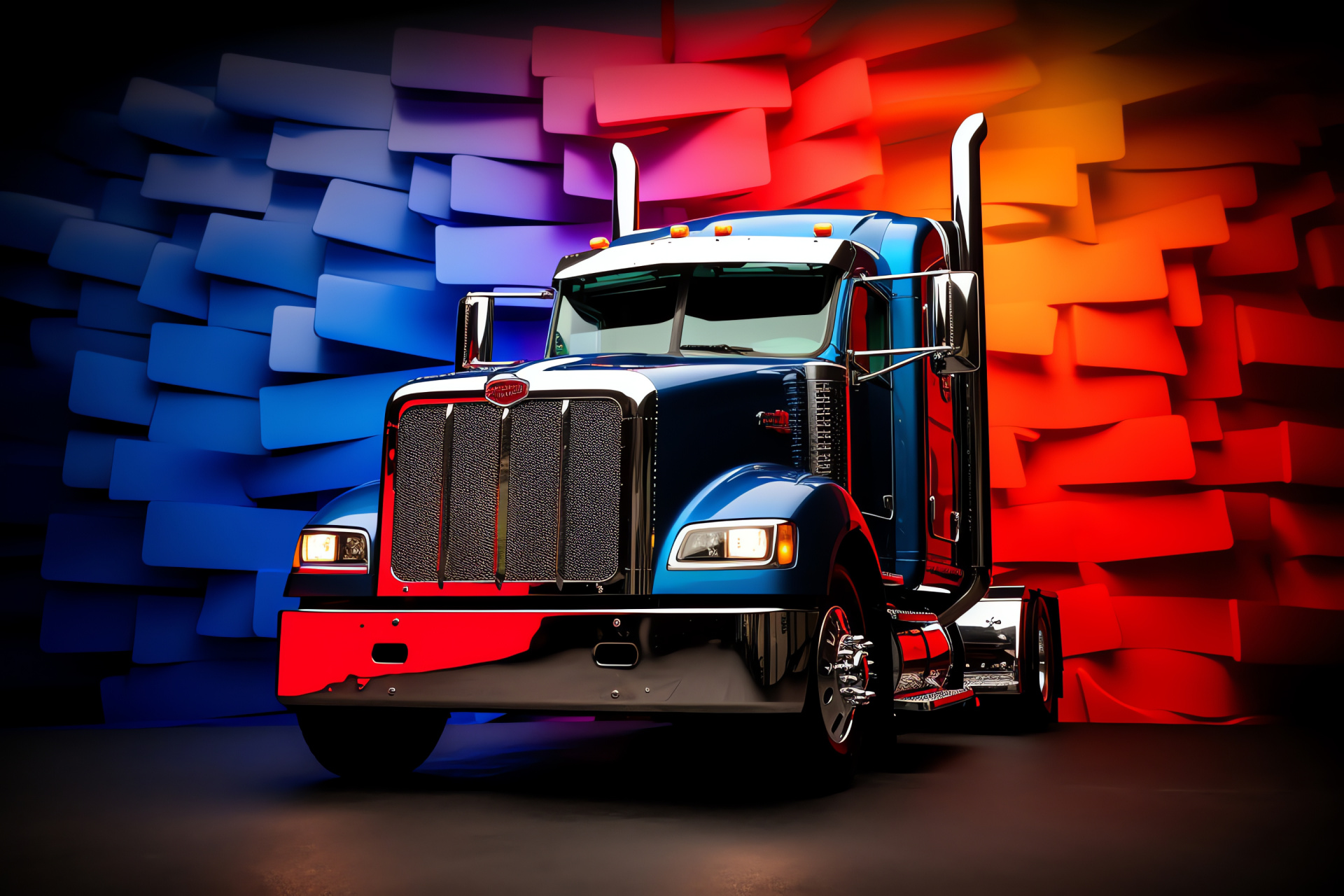 Peterbilt branding, Tri-color background drama, Transport logo artwork, Visual high angle, Intense palette, HD Desktop Wallpaper