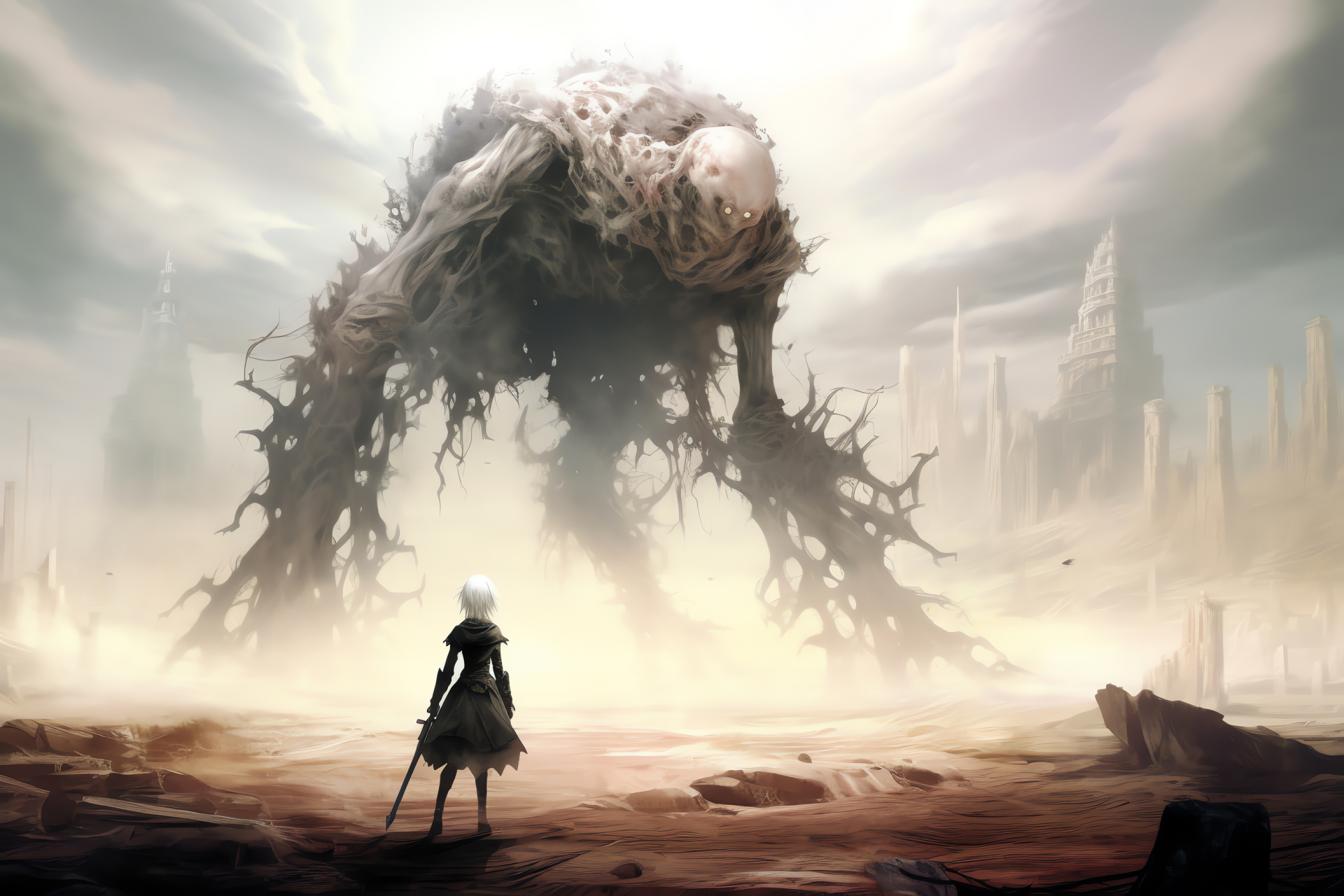 Nier Gestalt barren landscape, formidable foes, action RPG, heavy blade combat, Yoko Taro's creation, HD Desktop Wallpaper