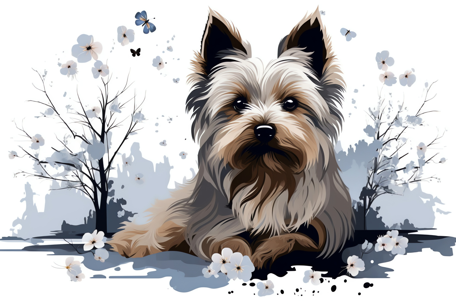 Matured terrier, Grey canine gaze, Softly coated breed, Yorkshire terrier features, White-haired dog, HD Desktop Image