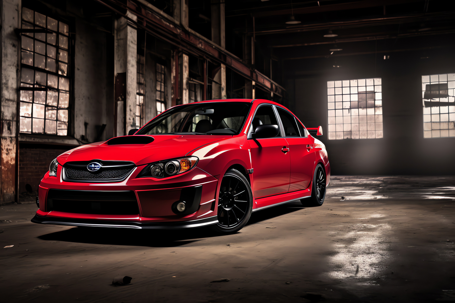 Subaru Impreza WRX, broad angle, triple-tone backdrop, sports hatchback, speed impression, HD Desktop Image