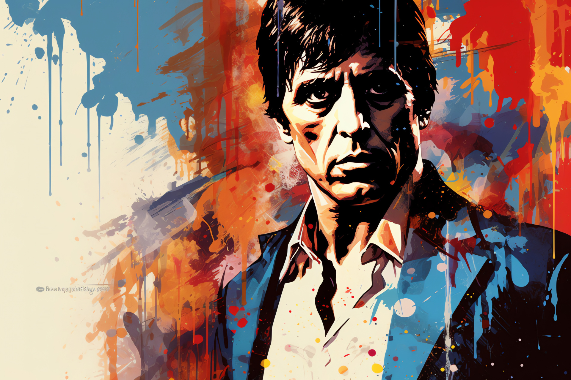 Tony Montana mural, Retro art style, Iconic cinema, Visual impact, Expressionist graphic, HD Desktop Image