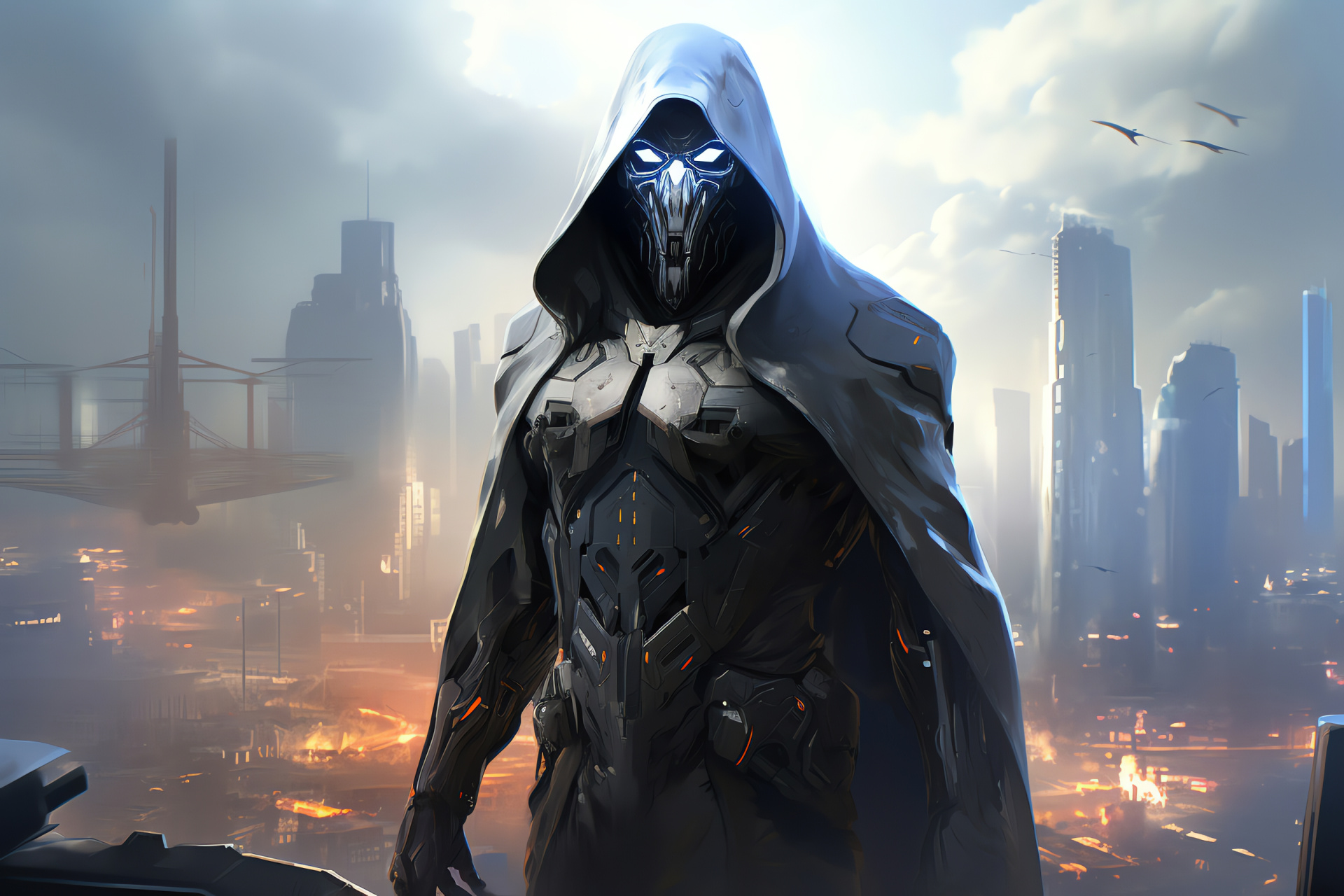 Overwatch Reaper, Superhuman agent, Urban high-rise, Futuristic cityscape, Video game character, HD Desktop Wallpaper