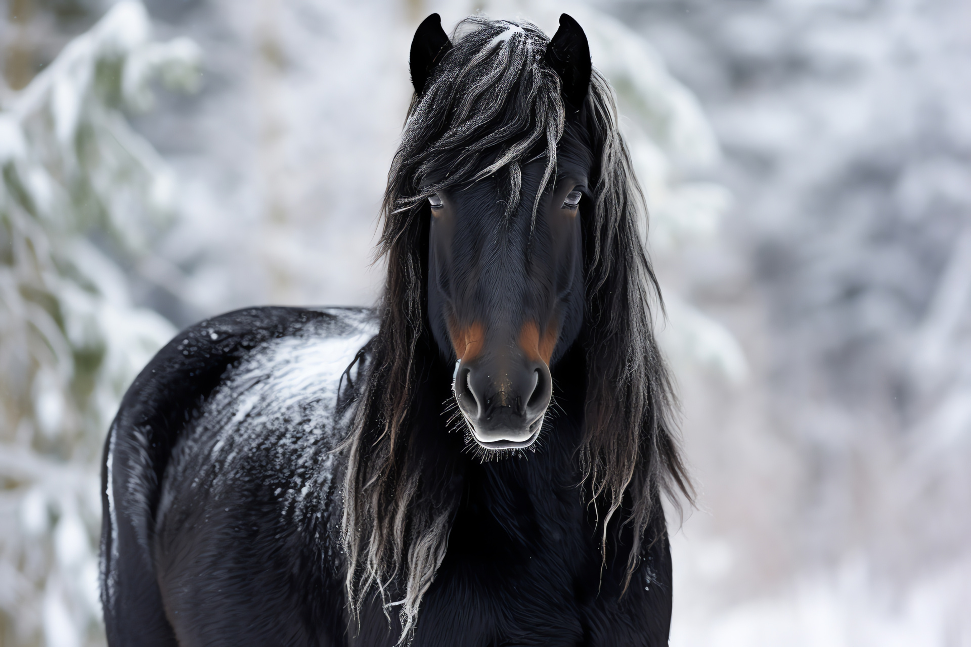 Friesian horse, equine beauty, snow-dusted trees, equestrian strength, shiny coat, HD Desktop Image