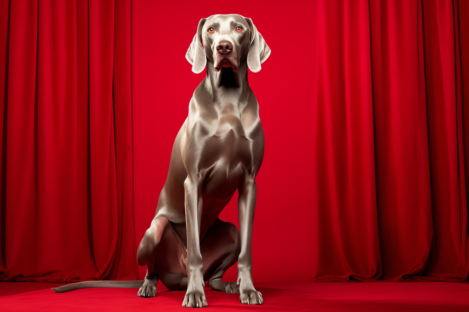 Elegant dog, argent mane, statuesque poise, cardinal backdrop, assertive mood, HD Desktop Image