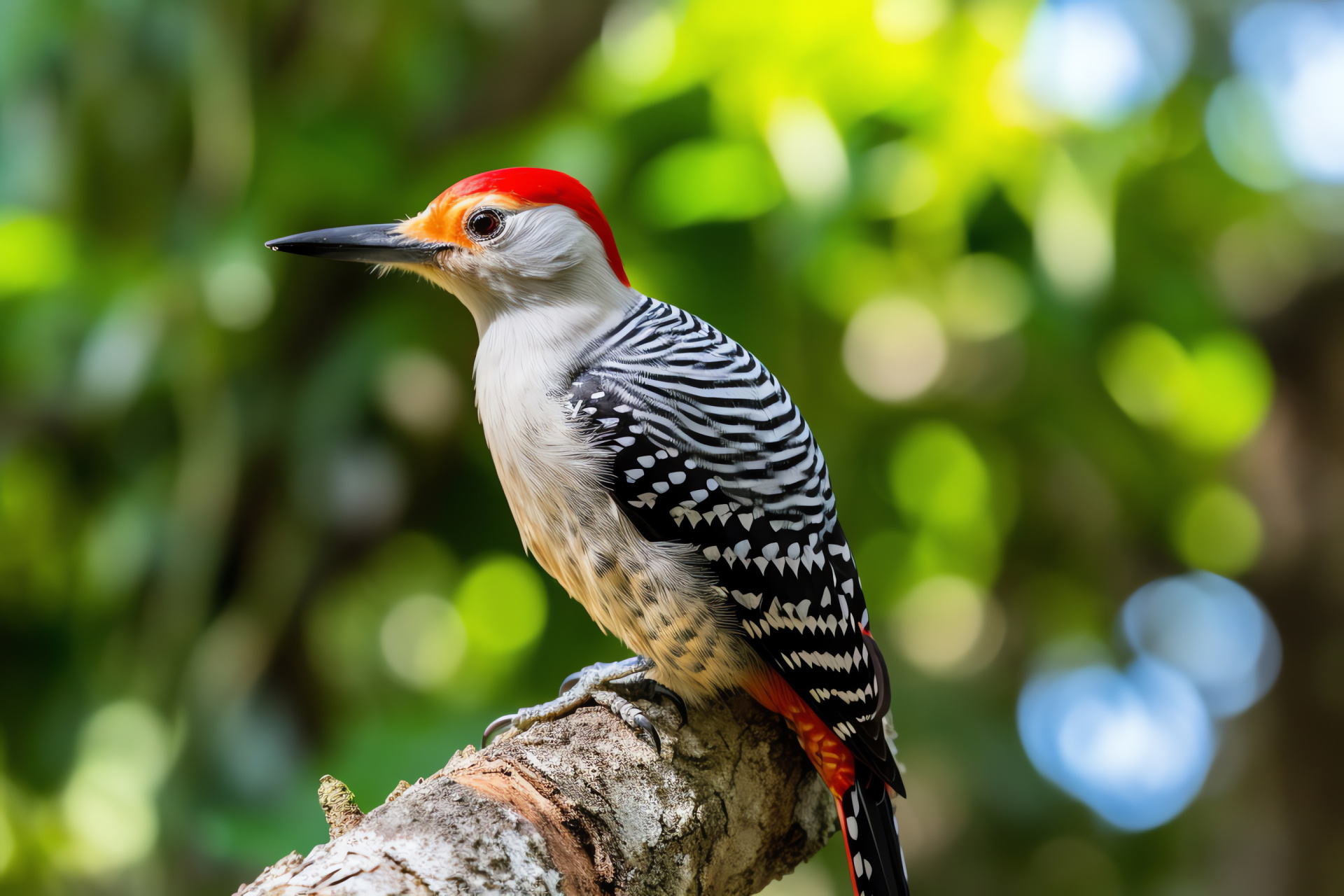 Red-bellied bird, Crowned avian, Speckled pattern, Arboreal species, Park backdrop, HD Desktop Wallpaper