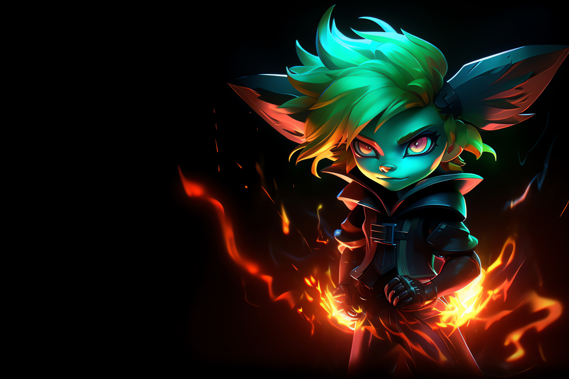 Tristana with flame follicles, Yordle combatant, Bright oculars, Energy patterns, Fantasy game, HD Desktop Wallpaper