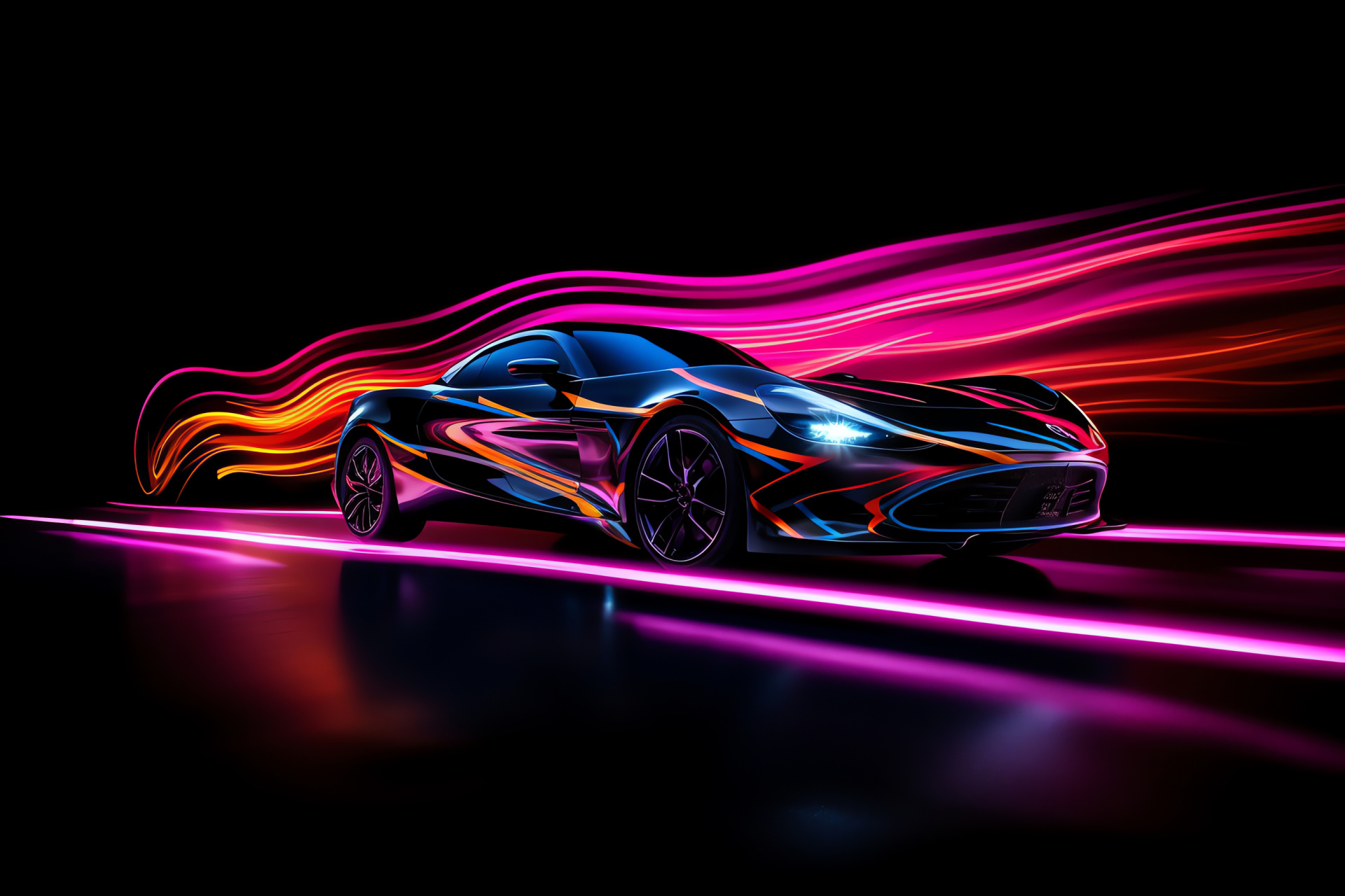 Abstract Neon Car, Stark contrast backdrop, Automotive display, Brilliance of neon, Artistic vehicular presentation, HD Desktop Wallpaper