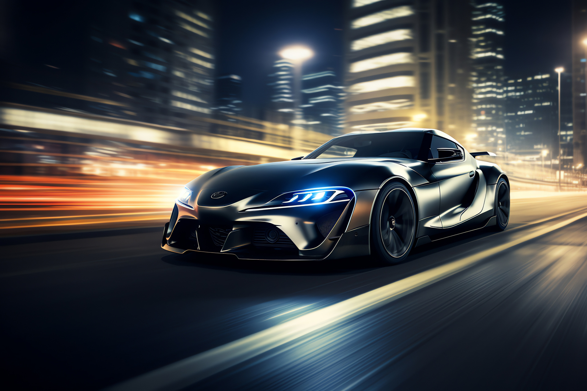 Toyota Supra in future city, Speculative vehicle technology, Urban advancements, Glowing auto LEDs, Innovative car concept, HD Desktop Wallpaper