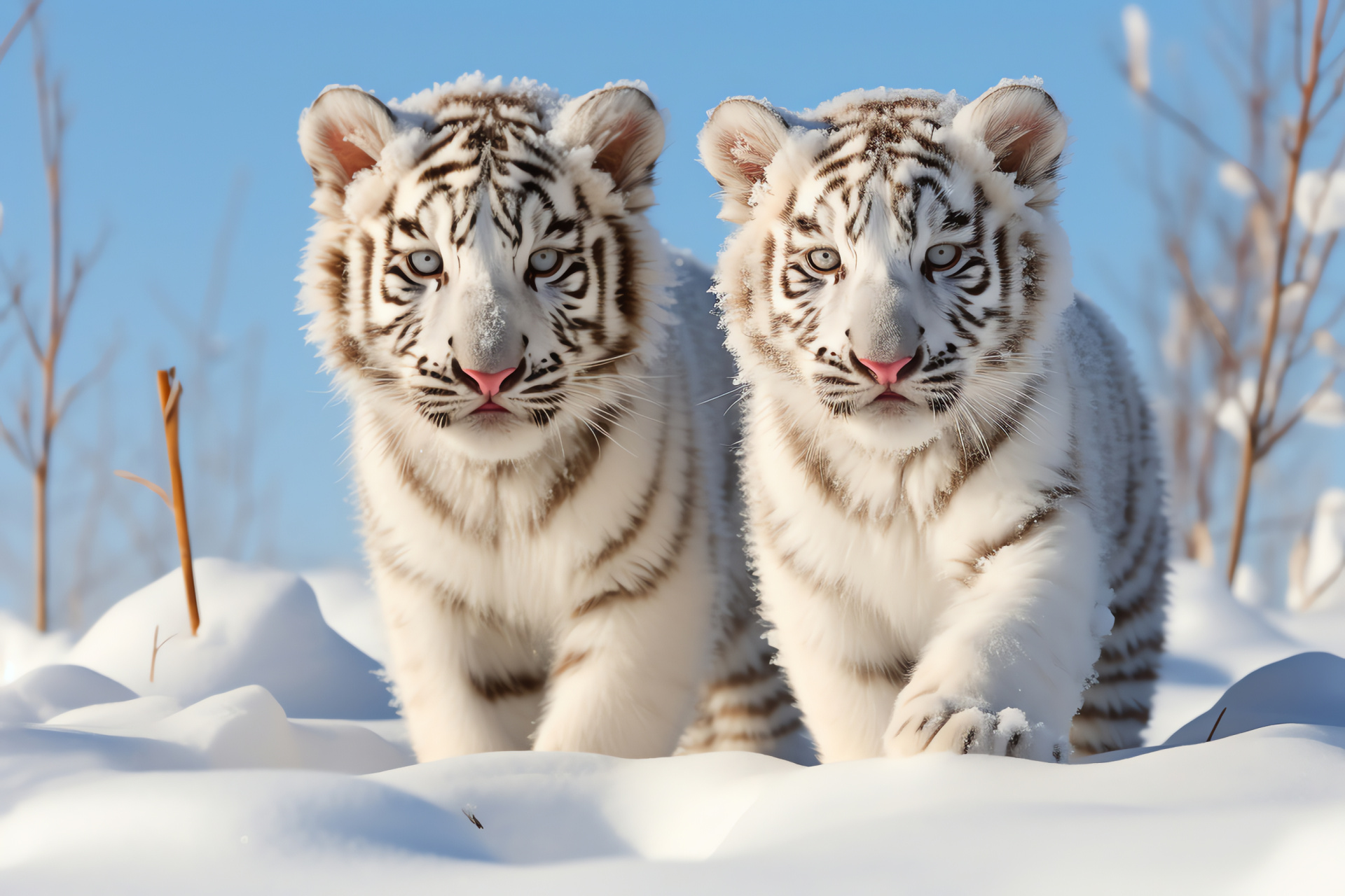 Juvenile felines, playful demeanor, lush winter coat, icy landscape, pure innocence, HD Desktop Wallpaper