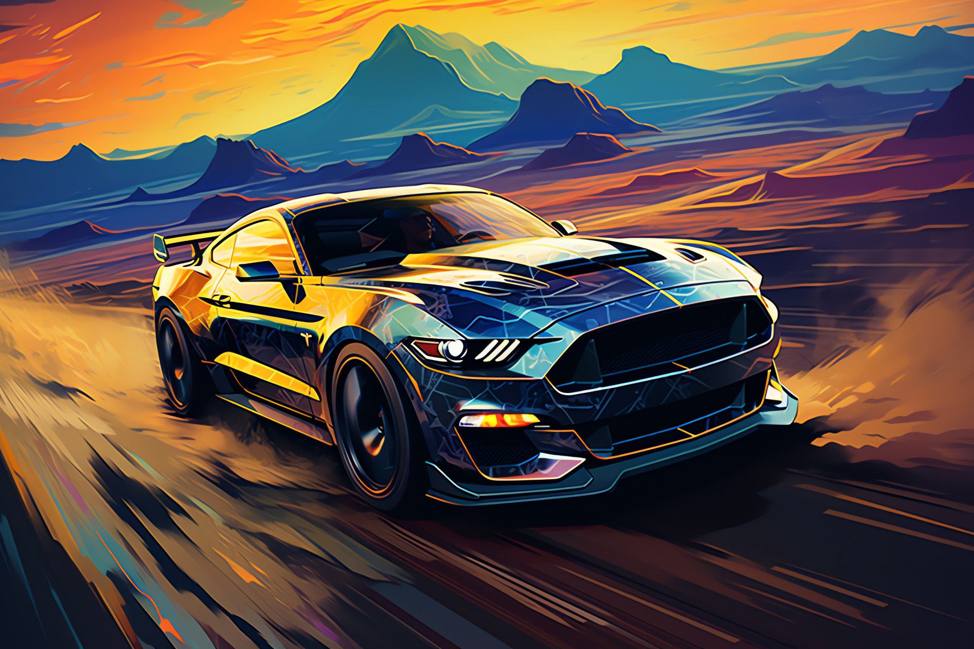 Mustang GT350 from above, Low bird's-eye angle, Diverse environmental palette, Cyberpunk essence infusion, Far-reaching horizon view, HD Desktop Wallpaper