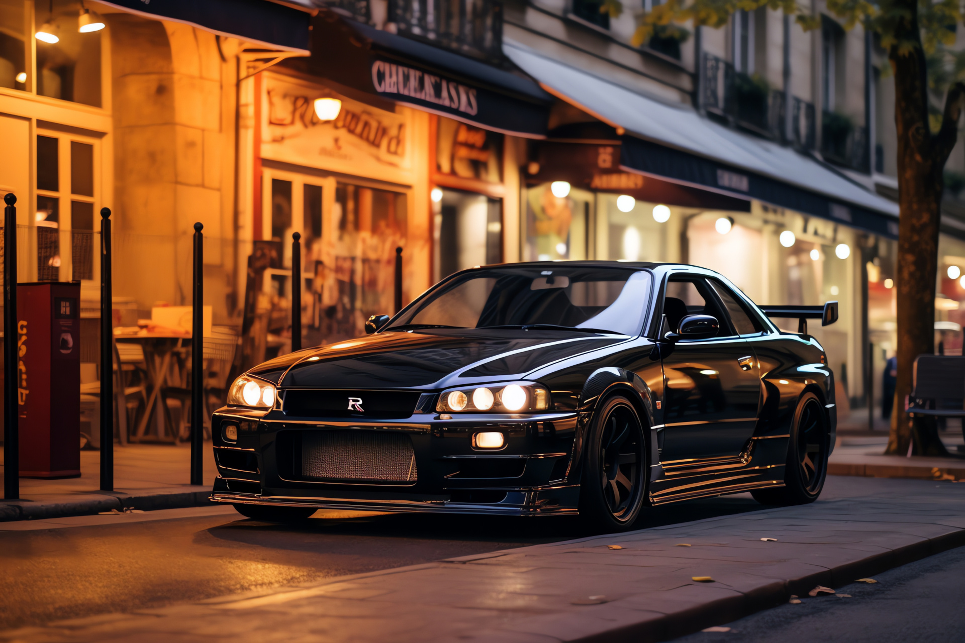 Nissan Skyline GTR R33, Parisian charm, historical essence, luxurious silhouette, urban vibrancy, HD Desktop Image