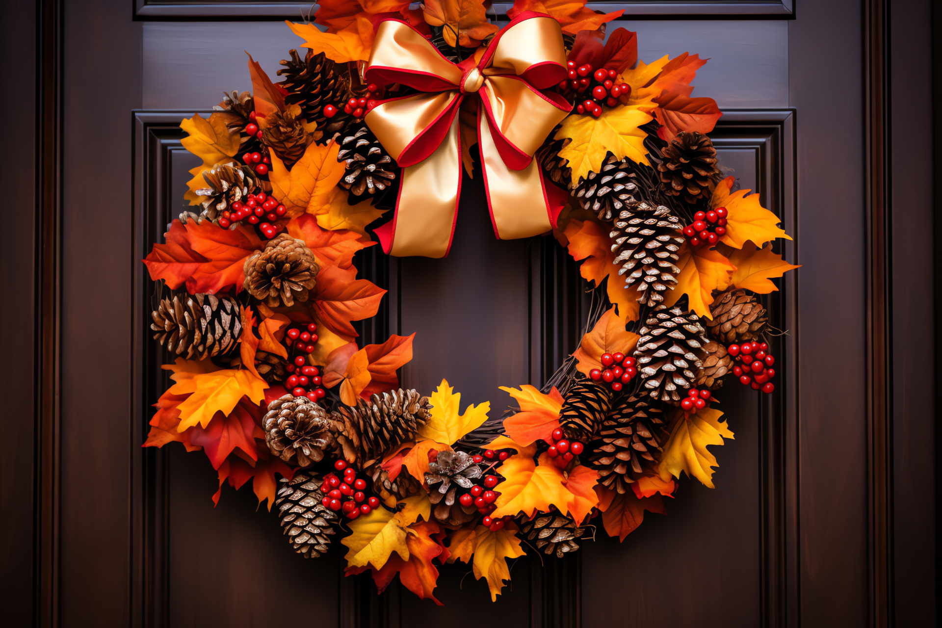 Thanksgiving holiday, Decorative wreath, Welcoming front door, Autumnal leaf display, Natural pinecones, HD Desktop Wallpaper