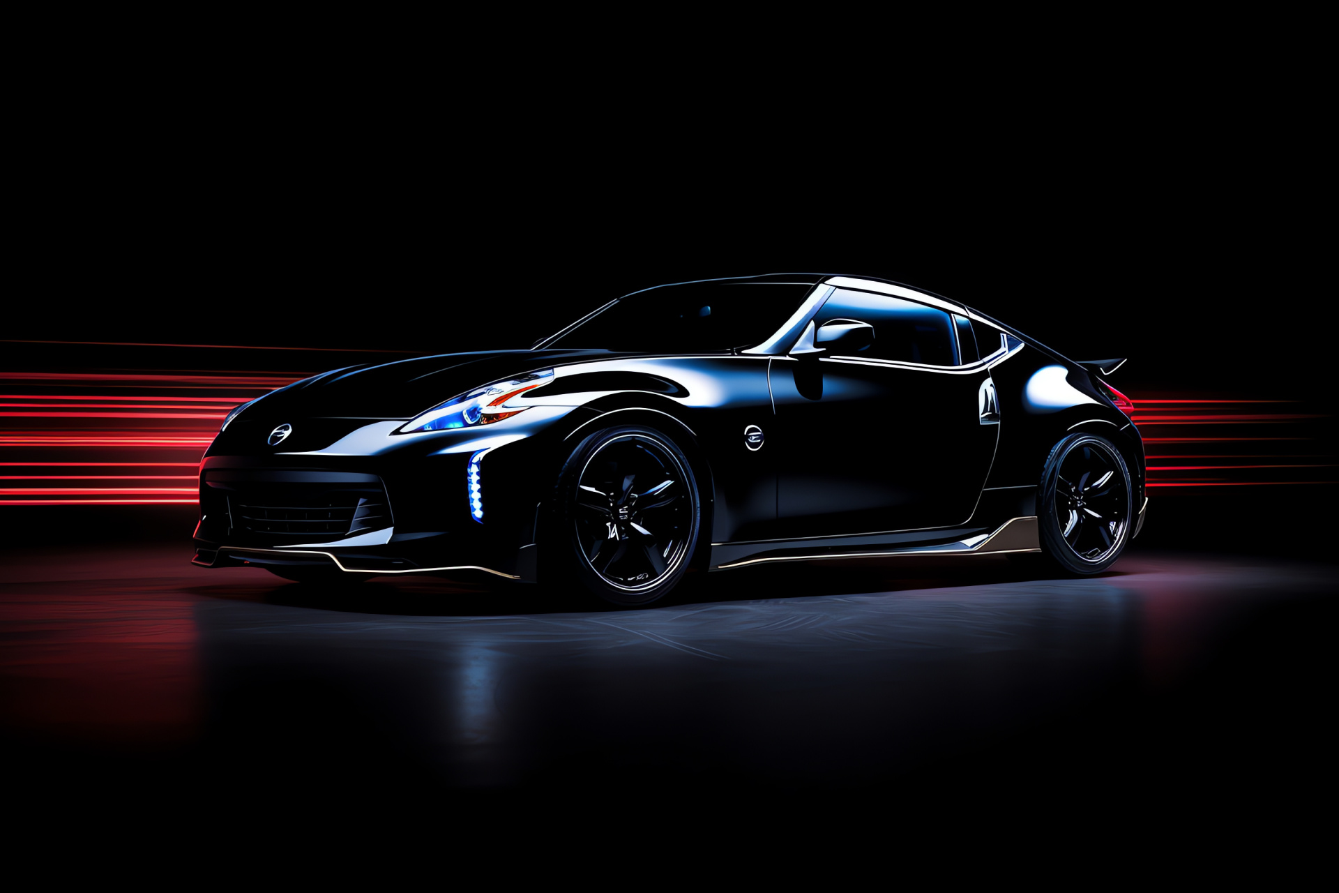 Nissan 370Z automobile, Black backdrop, Two-tone metallic finish, Glowing accent lines, Sporty coupe, HD Desktop Wallpaper