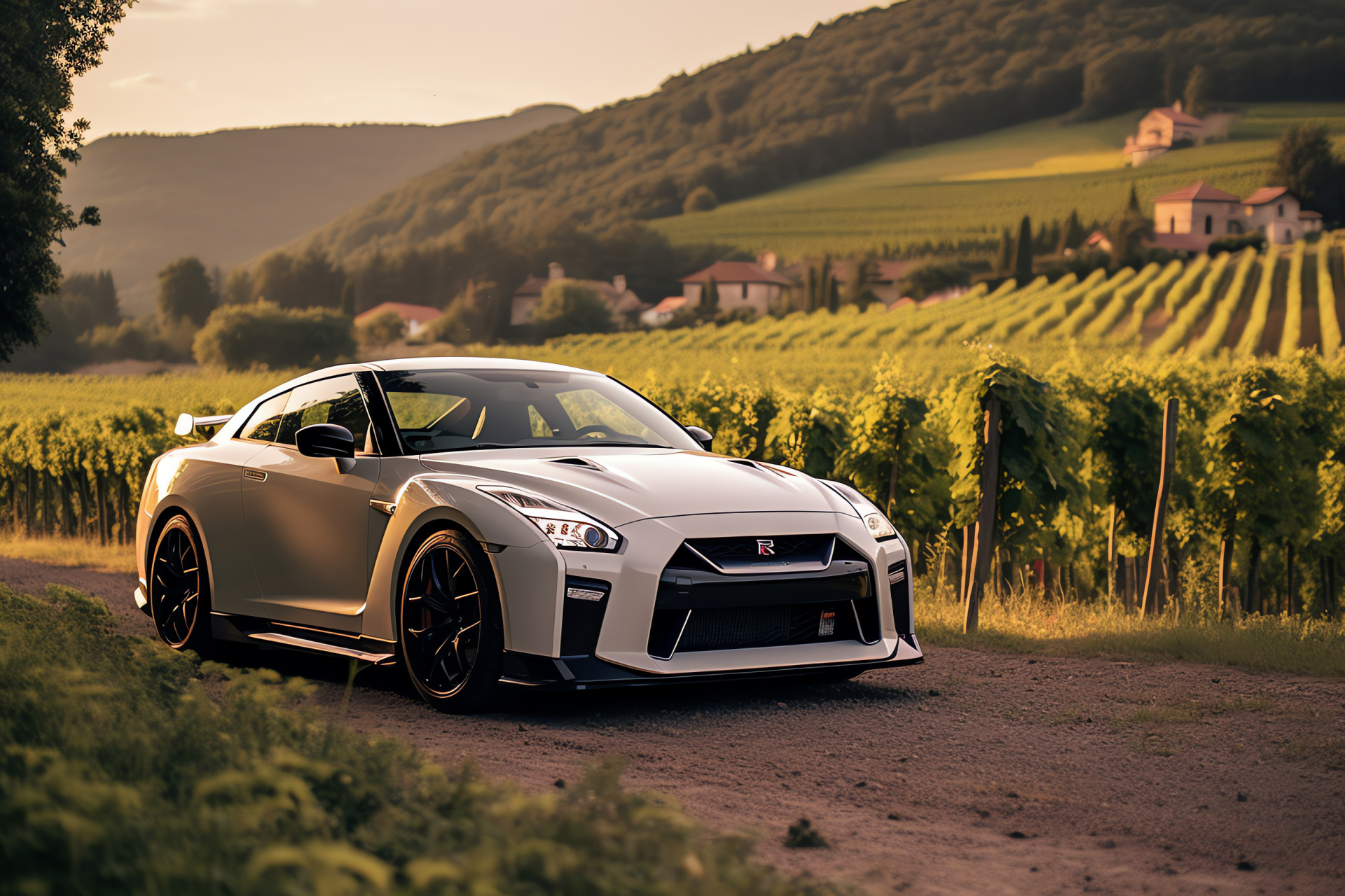 Nissan GTR R35 collaboration, Italdesign exclusive, Italian landscape, silver auto coating, gold vehicle trim, HD Desktop Image