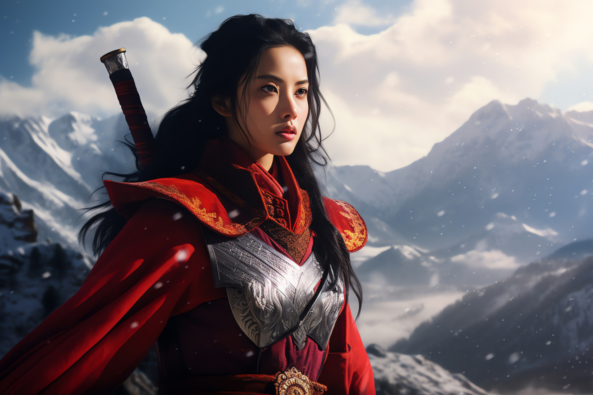 Warrior Mulan, Winter ascent, Chinese heroine, Forbidden City vista, Regal finery, HD Desktop Image