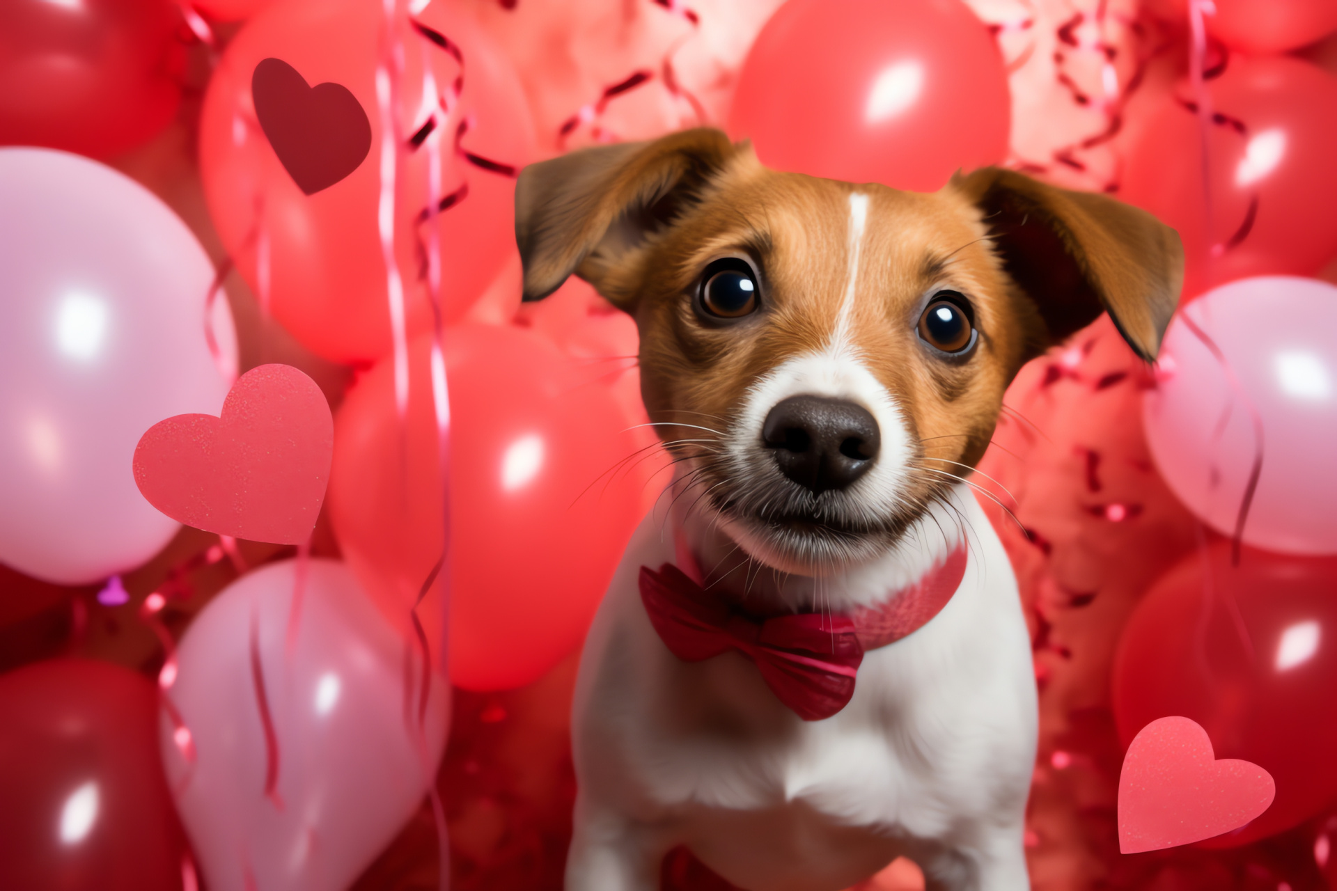 Puppy love, Valentine's celebration, Adoring canine, Helium-filled decorations, Scarlet accessories, HD Desktop Image