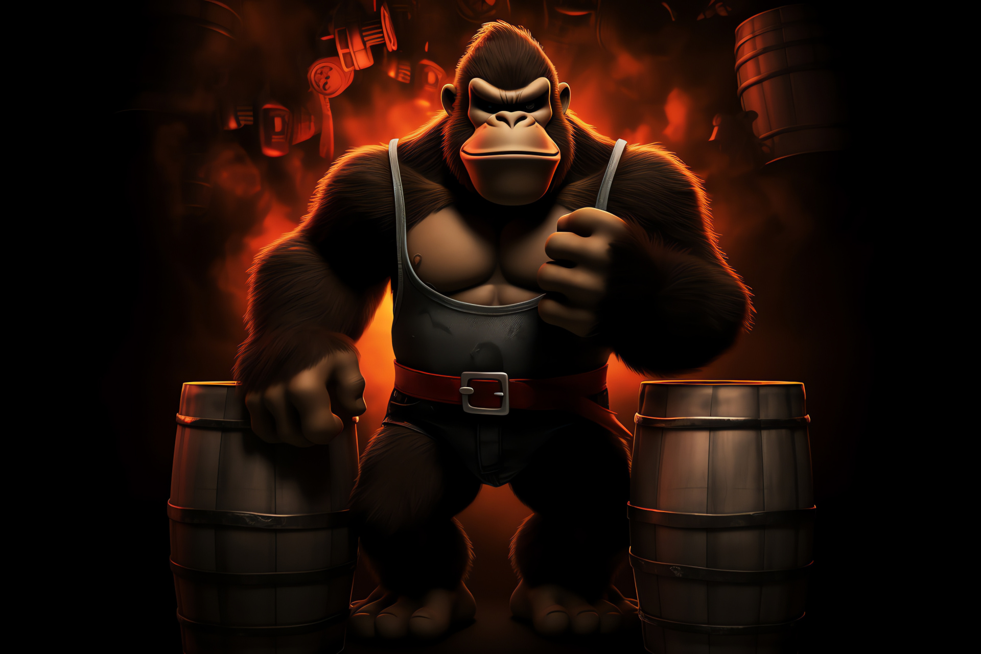 Donkey Kong in New Super Mario Bros, simian character, intense glare, dark pupils, wooden cask, HD Desktop Wallpaper