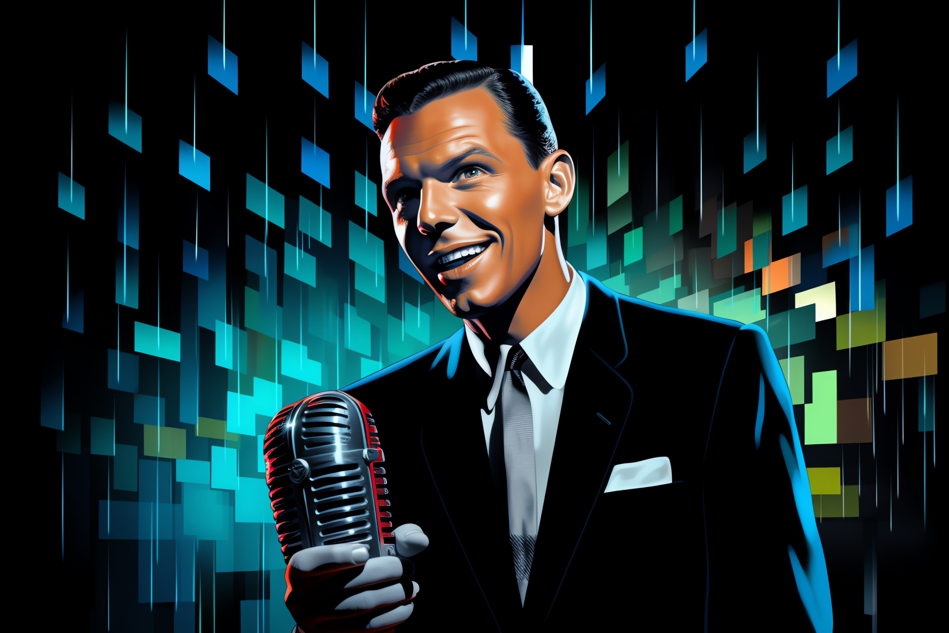 The Rat Pack, Frank Sinatra, Singing performance, Microphone in hand, Abstract geometric patterns, HD Desktop Image