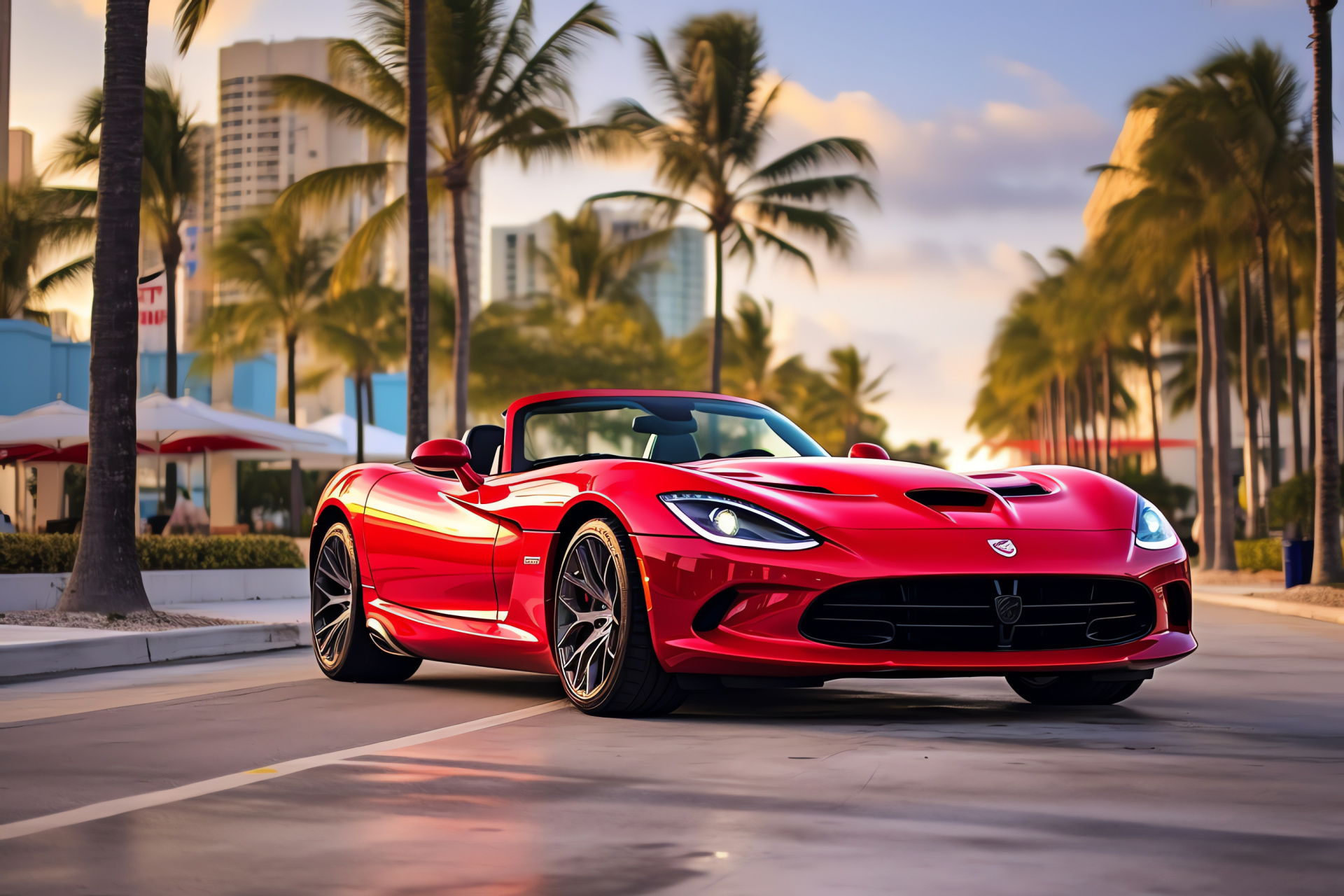 SRT Viper in Miami, SRT10 model, Lively red shell, Iconic Ocean Drive scene, Historical architecture, HD Desktop Image