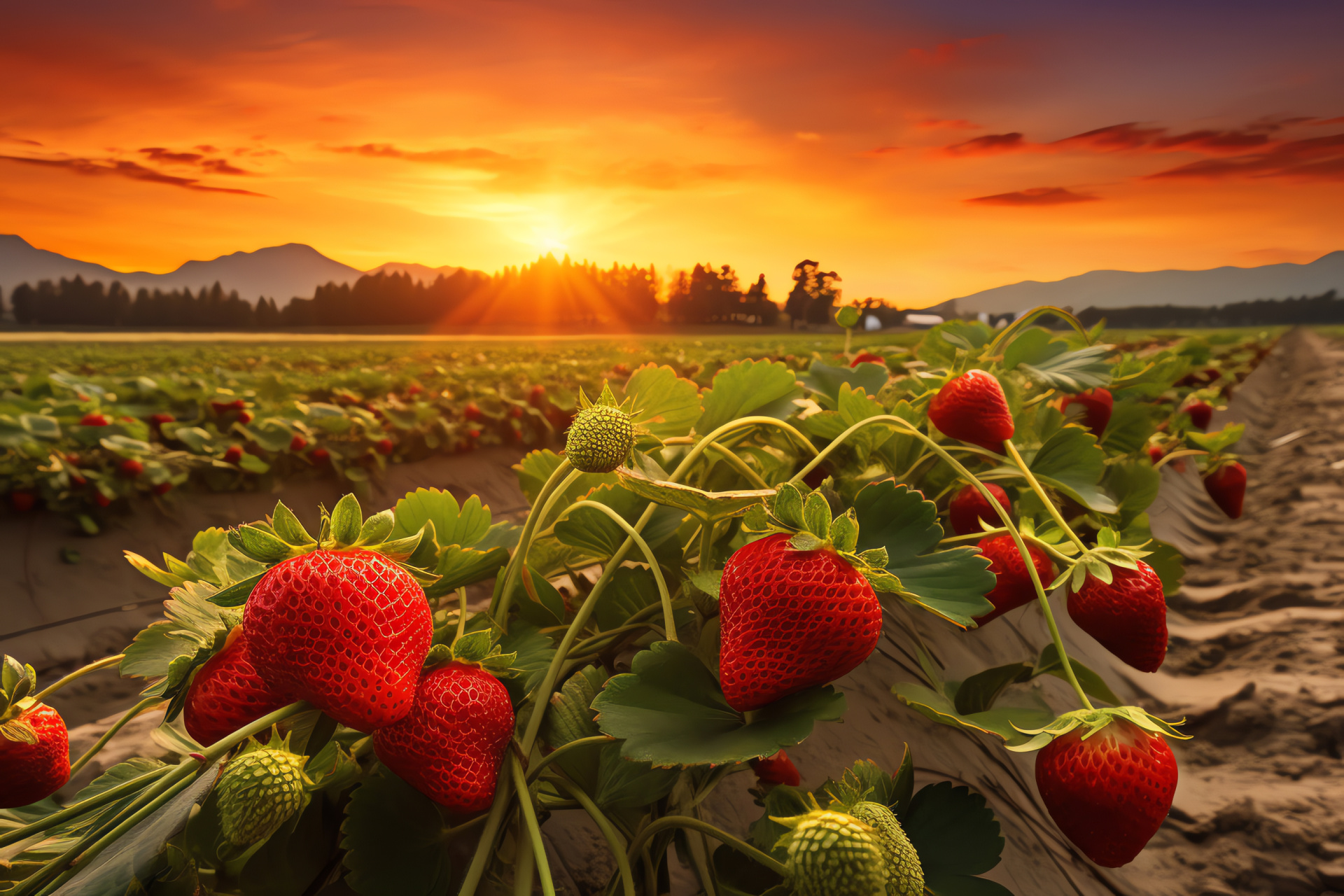 Strawberry farm scene, Agricultural landscape, Harvest time, Evening ambiance, Pastel skies, HD Desktop Image