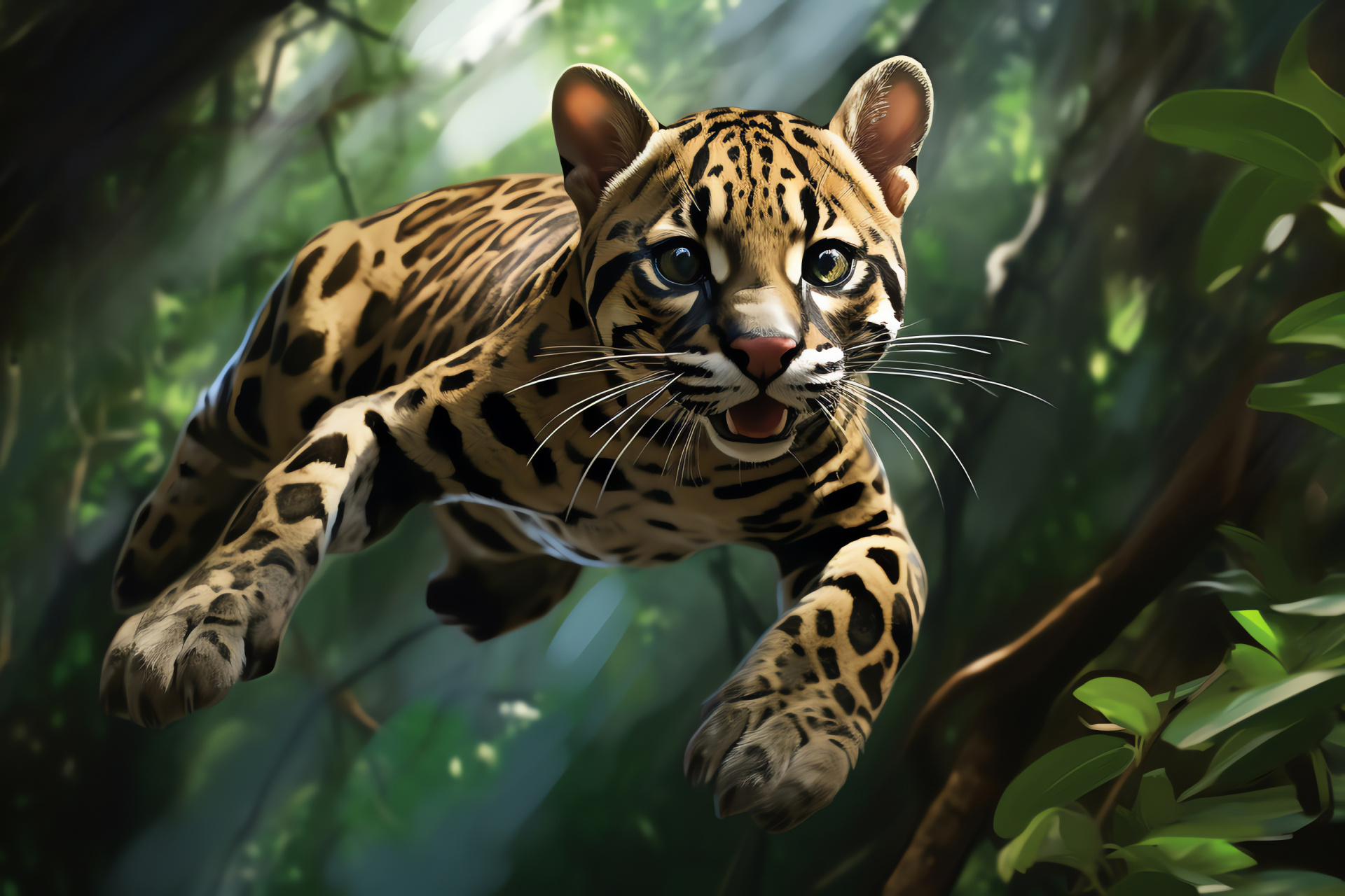 Wildcat Ocelot, jade gaze, camouflage fur, forested domain, spotted animal, HD Desktop Image