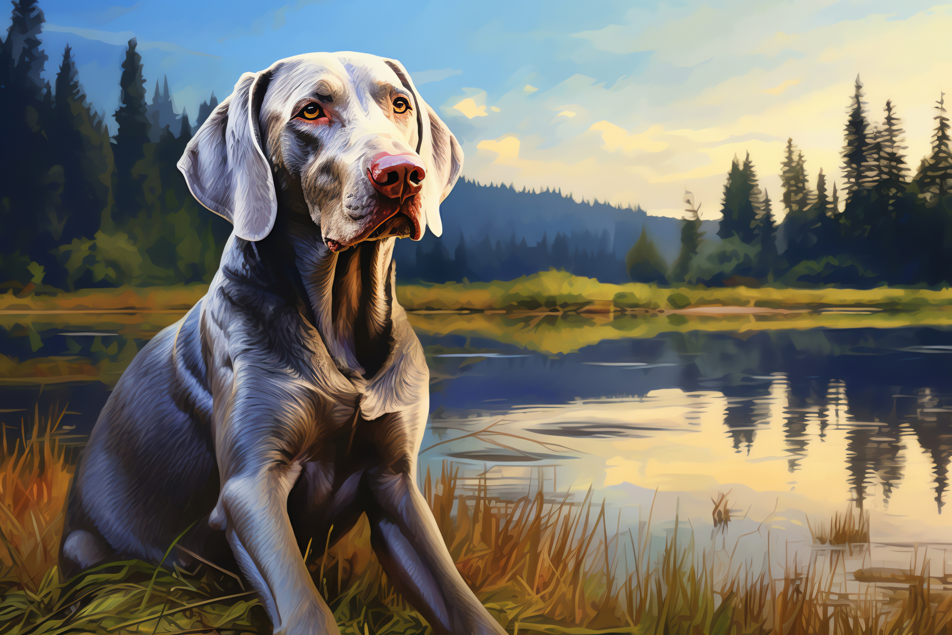 Weimaraner hunting dog, Canine loyalty, Elegance in animals, Serene dog posture, Home pet, HD Desktop Image