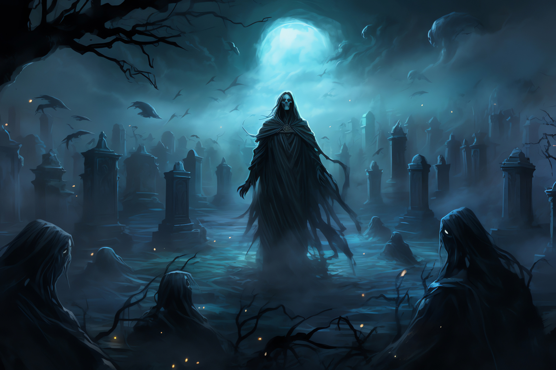 Necromantic gamer theme, Haunted graveyard scene, Eerie headstones array, Gloomy night backdrop, Occult gaming, HD Desktop Image