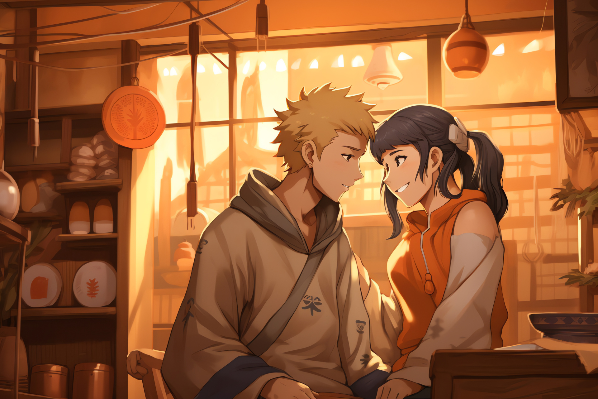 Naruto close encounter, Hinata expression, Shared moment, Cultural setting, Japanese traditions, HD Desktop Wallpaper