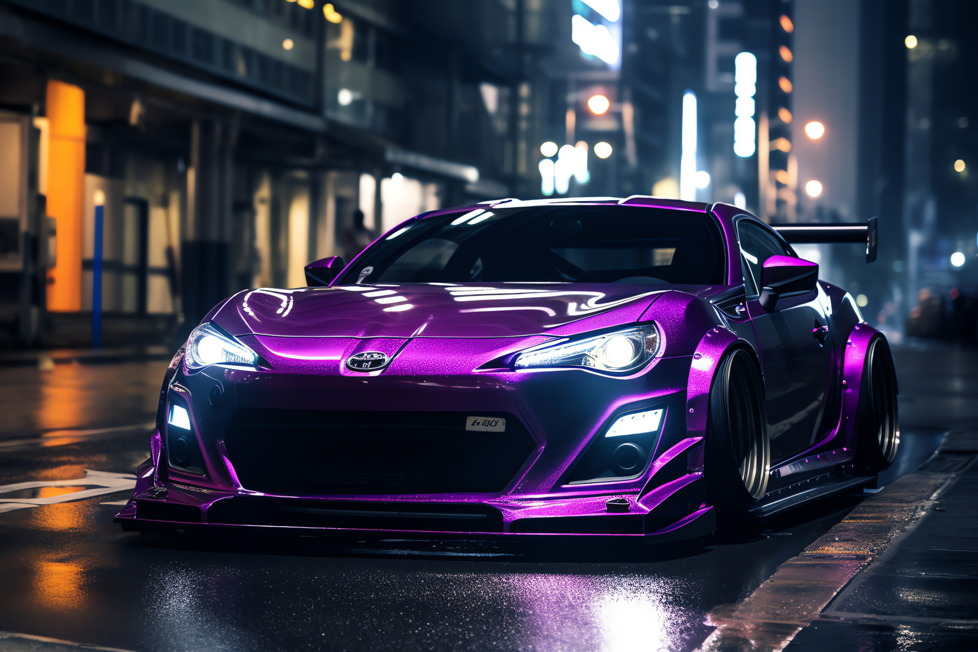 Nightlife panorama, Glossy Scion FR-S, Luminous accents, Metropolitan backdrop, Urban illumination, HD Desktop Wallpaper