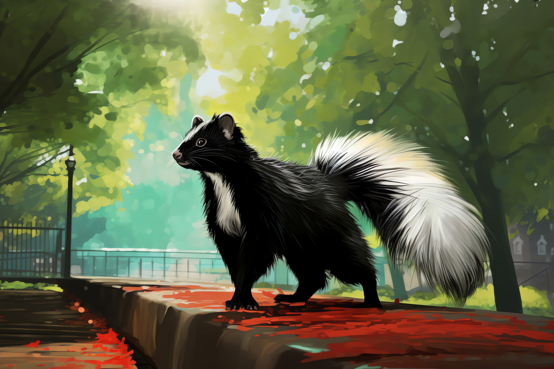 Skunk mammal, Urban wildlife, Park habitat, Distinctive markings, Green ocular details, HD Desktop Wallpaper