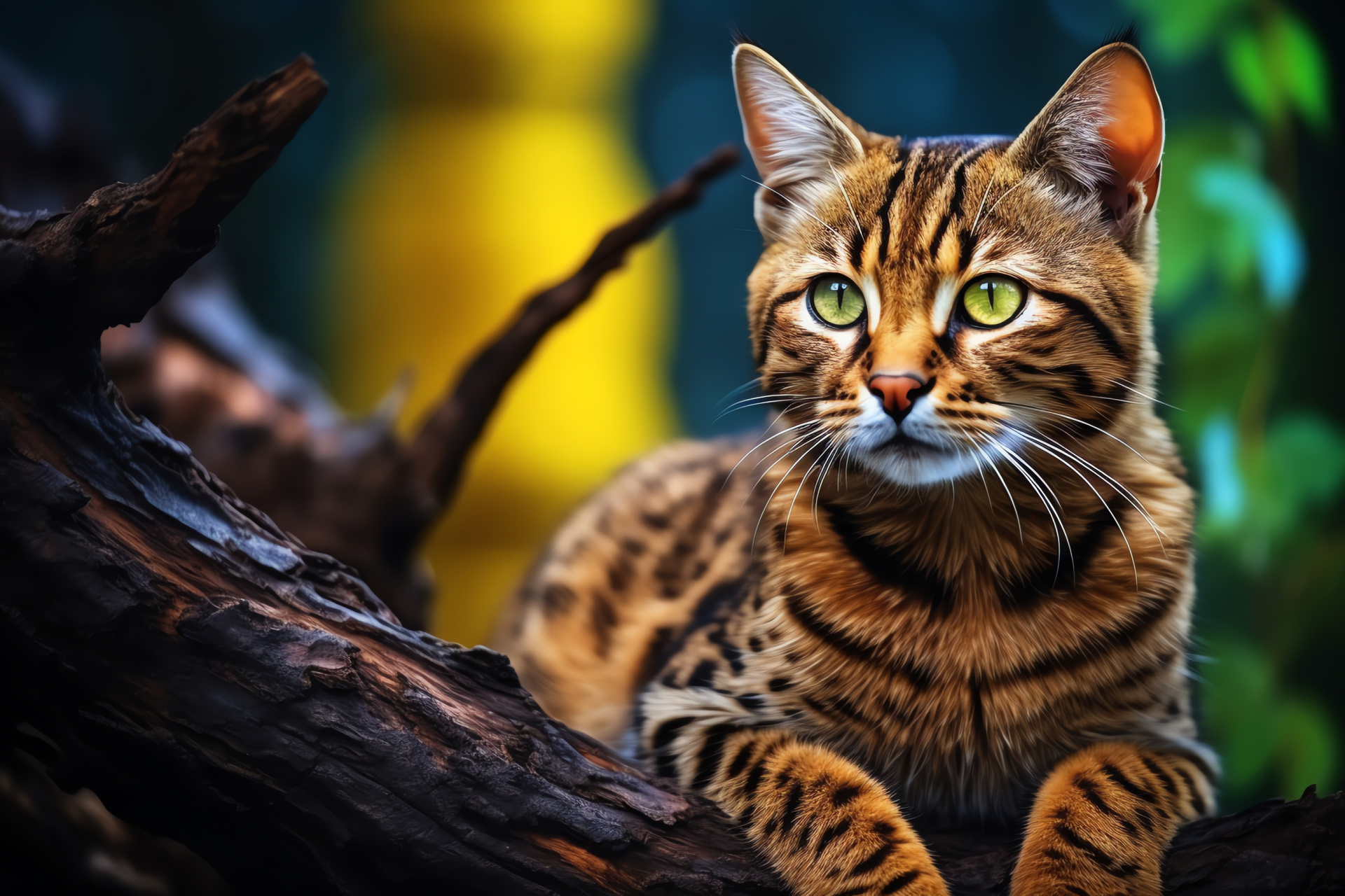 Feral feline, Rich ocular hue, Radiant coat color, Spotted animal skin, Striped carnivore, HD Desktop Image