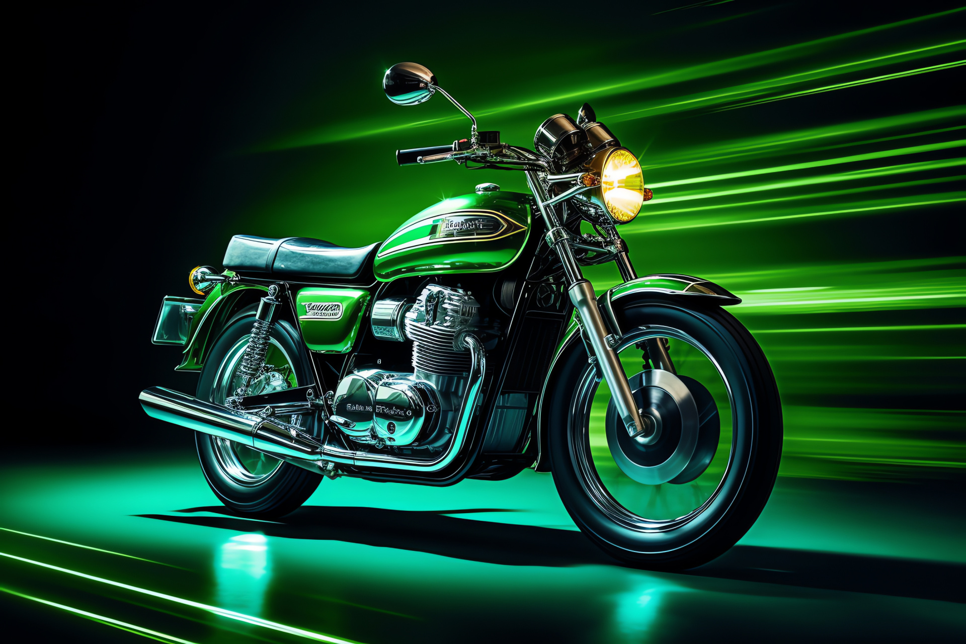 Vintage Suzuki GT550, Japanese two-stroke bike, Suzuki motorcycle past, Green painted two-wheeler, Shining bike lines, HD Desktop Image