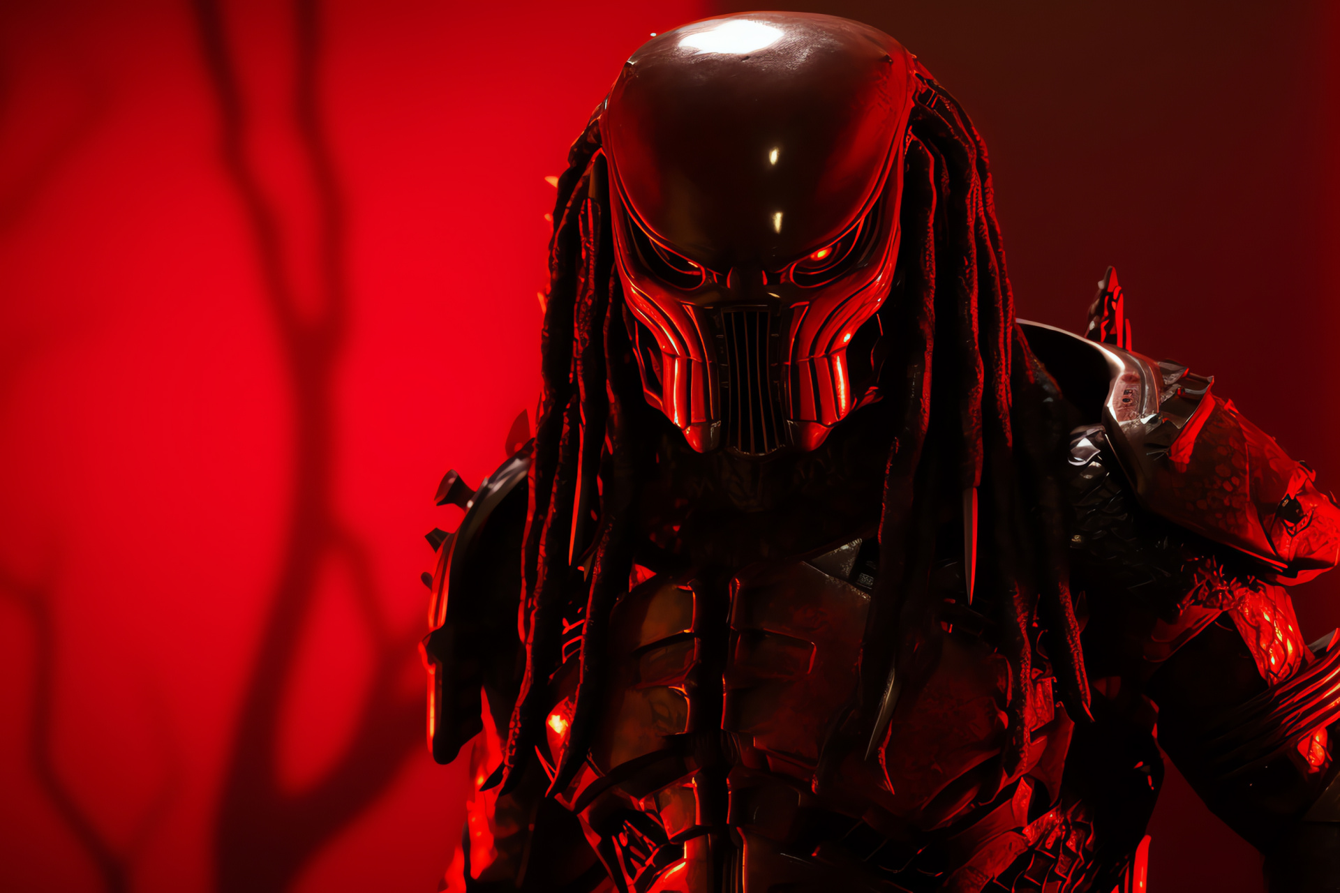 Predator monster, Menacing stance, Crimson backdrop, Alien creature, Extraterrestrial armor detail, HD Desktop Wallpaper