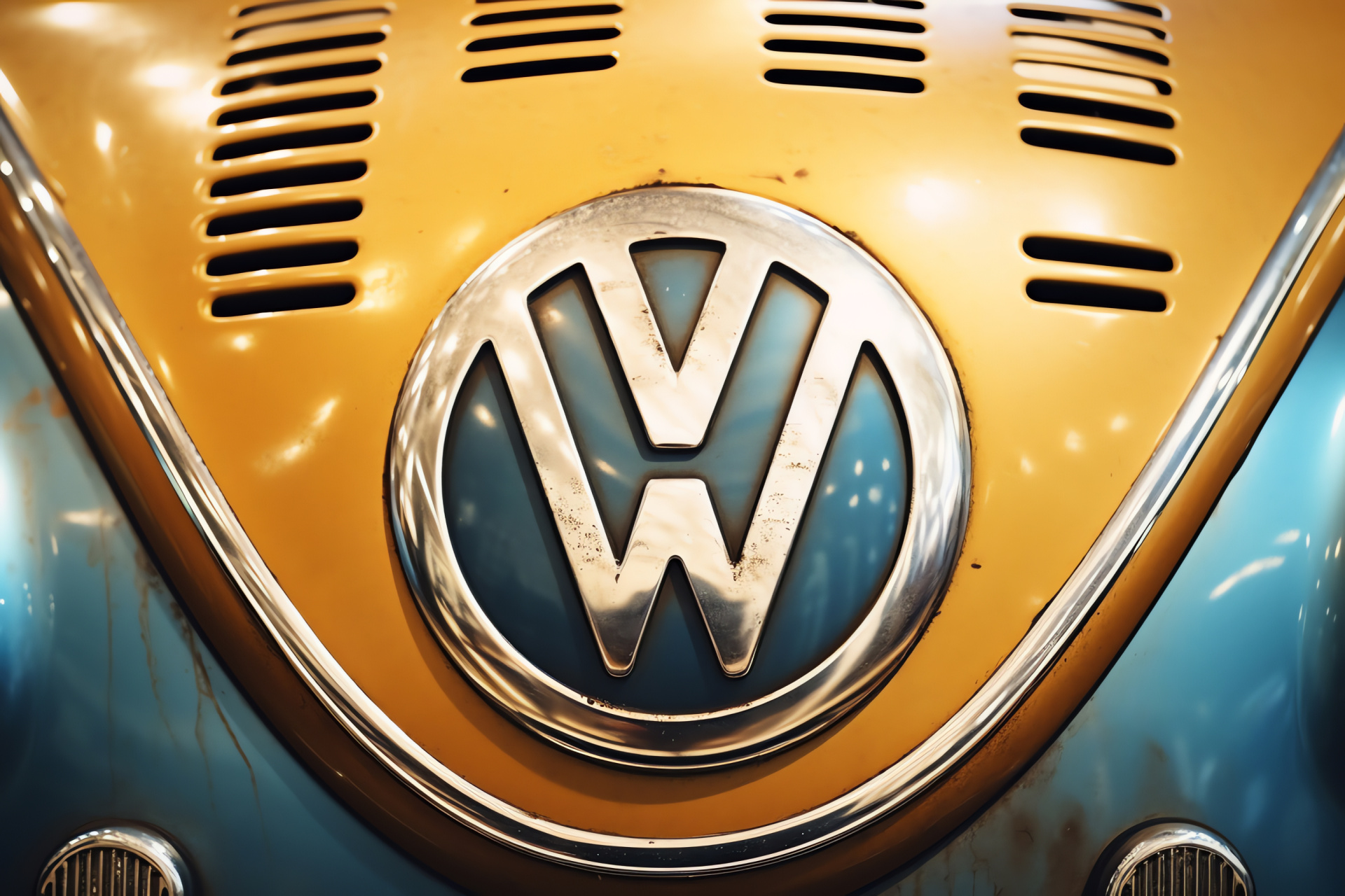 VW Badge, iconic Beetle, vintage auto atmosphere, classic appeal, retro vehicle flair, HD Desktop Image